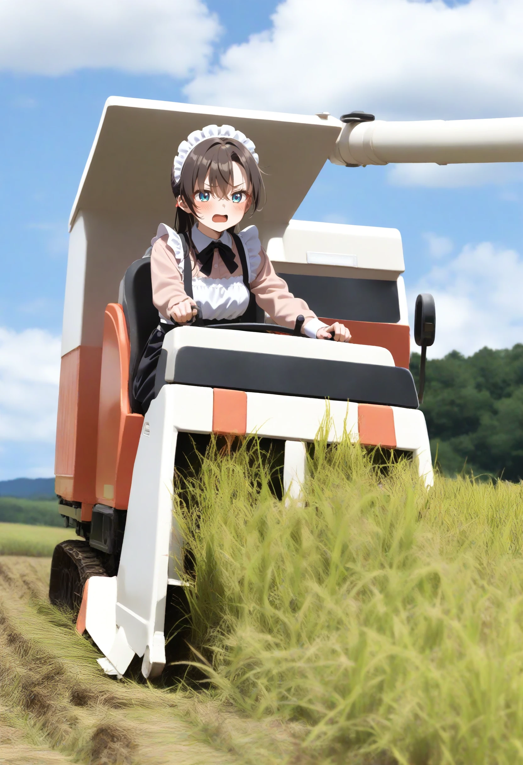 1girl,sincos, ningen mame, toosaka asagi,solo,medium breasts,20yo,maid,maid headdress,
combine harvester,ground vehicle,motor vehicle,grass,outdoors,day,sky,driving,sitting,field,<lora:combineharvester_XL_v1:0.7>
best quality, very aesthetic, absurdres