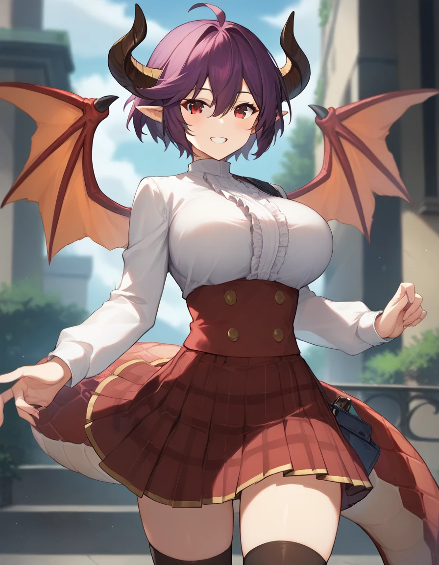 score_9,score_8_up,score_7_up,score_6_up BREAK official art,solo,outdoors,cowboy shot,looking at viewer,facing viewer,smile,Grea(snb),Grea uniform,dragon girl,dragon horns,short hair,purple hair,pointy ears,floating hair,hair between eyes,bangs,red eyes,white shirt,frilled shirt,center frills,long sleeves,large breasts,dragon wings,shirt tucked in,buttons,red skirt,high-waist skirt,pleated skirt,plaid skirt,dragon tail,zettai ryouiki,black thighhighs,loafers,brown footwear,<lora:Grea(snb)-Pony:1.5>,<lora:Smooth Anime Style LoRA XL:0.8>,