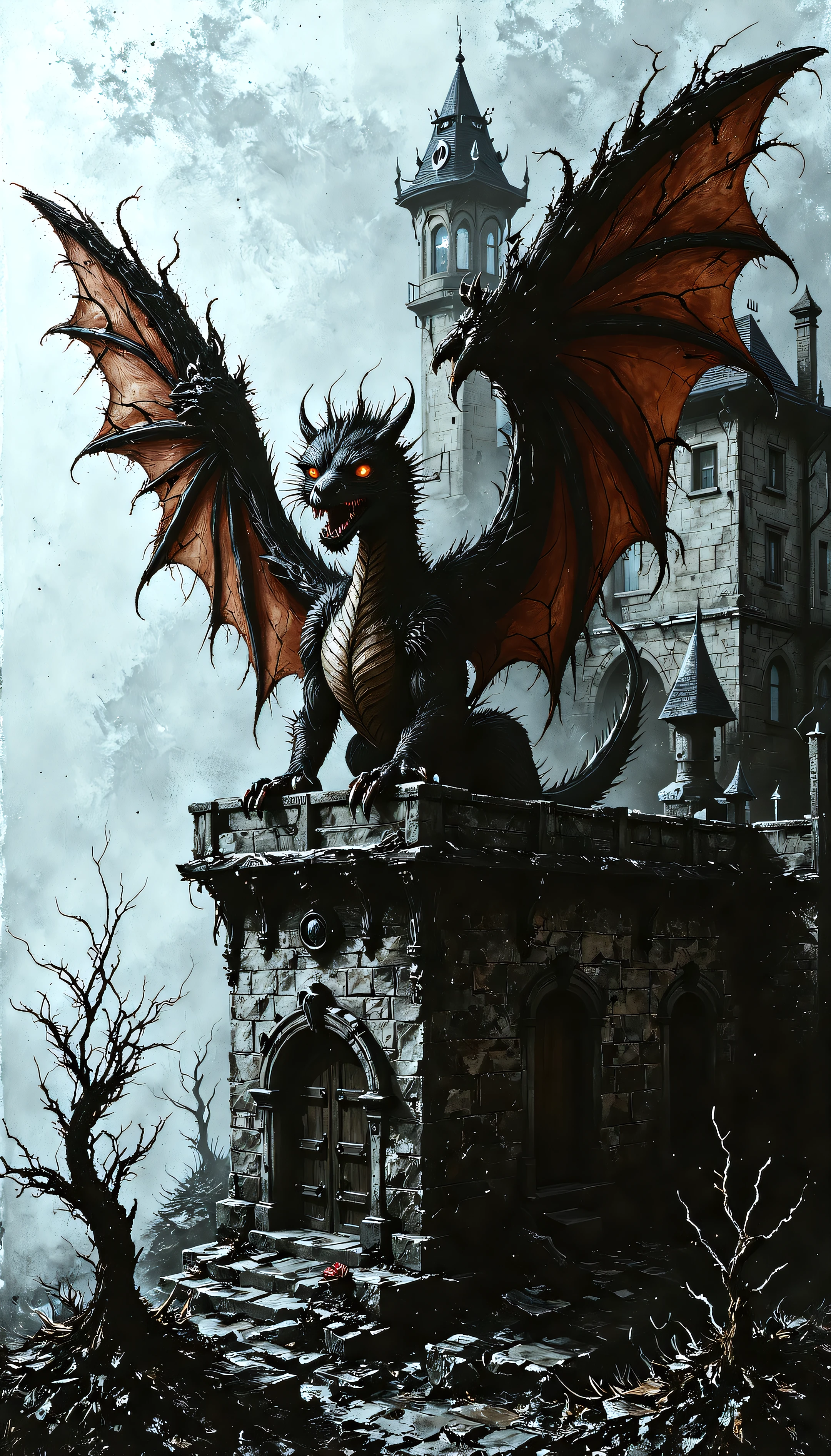 devast8, a winged dragon on a castle wall, artistic rendering