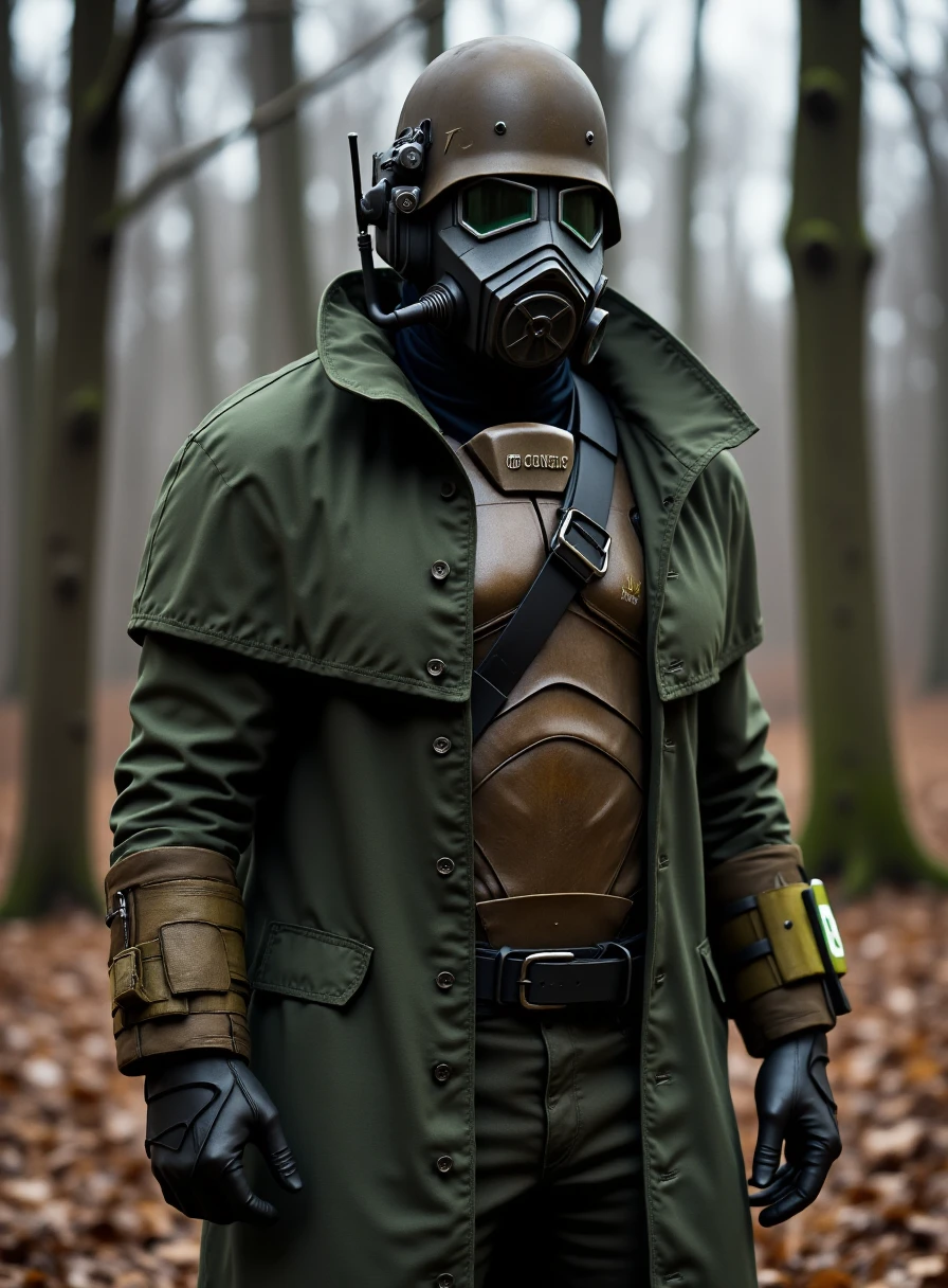 very detailed realistic photography of d3s3rtr4flux, helmet, gas mask, gloves, coat, standing in the forest, <lora:Desert_ranger_VX_-_Flux_Dev:1>