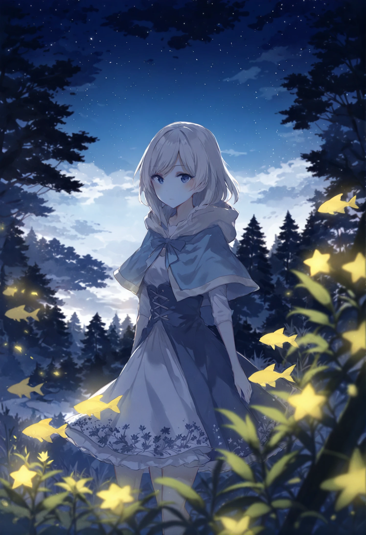 masterpiece, best quality, 1girl, blue theme, solo, tree, nature, scenery, dress, hood, forest, grass, light particles, standing, night, capelet, fantasy, star \(sky\), outdoors, fish, starry sky, monochrome 
 <lora:junsui0906XLlokr4f-000181:0.95>