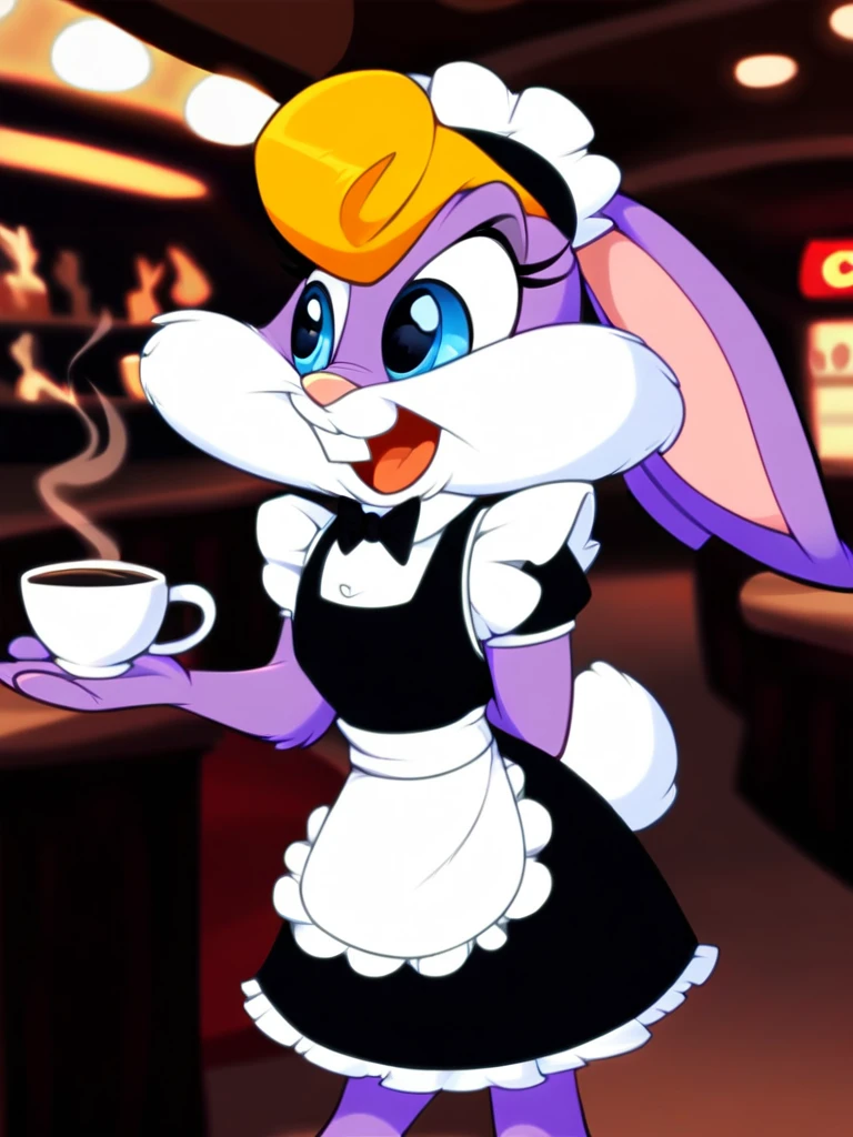 score_9, score_8_up, score_7_up, score_6_up, score_5_up, score_4_up , source_furry, Binky_Bunny, buck teeth, blonde hair, maid uniform, cafe, crowd, table, chair, coffee, coffee mug, serving tray, detailed background, detailed face, detailed eyes, <lora:binkybunny-v1:1>