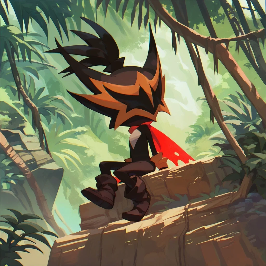 score_9,score_8,score_7, taterazay, mask, red cape, arms, sitting, relaxed, high quality, jungle background, rocks, hands, legs, boots, full body, background, highres, high resolution, looking away, epic, good angle