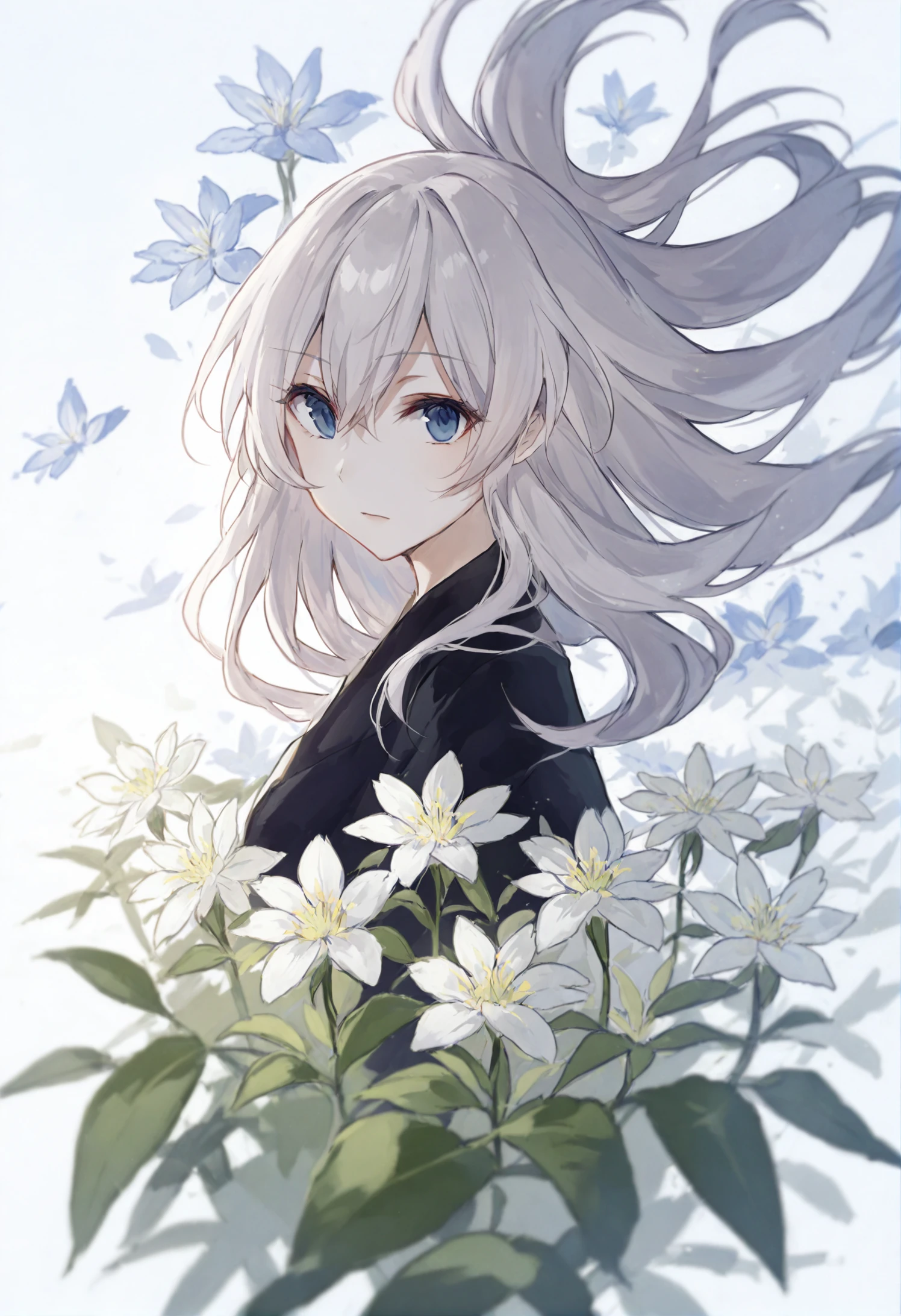 masterpiece, best quality, solo, 1girl, flower, long hair, looking at viewer, blue eyes, hair between eyes, white background, portrait, simple background, floating hair, white flower, white hair 
 <lora:junsui0906XLlokr4f-000181:0.95>