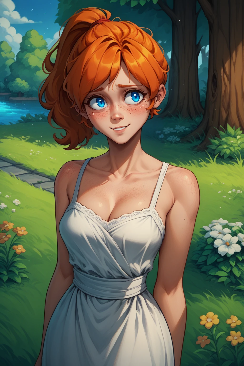 score_9, score_8_up, <lora:NSMechanicTerraria:1> NSMechanicTerraria, blue eyes, freckles, orange hair, ponytail, medium hair, white gown, blush, shy, outdoors, slight smile