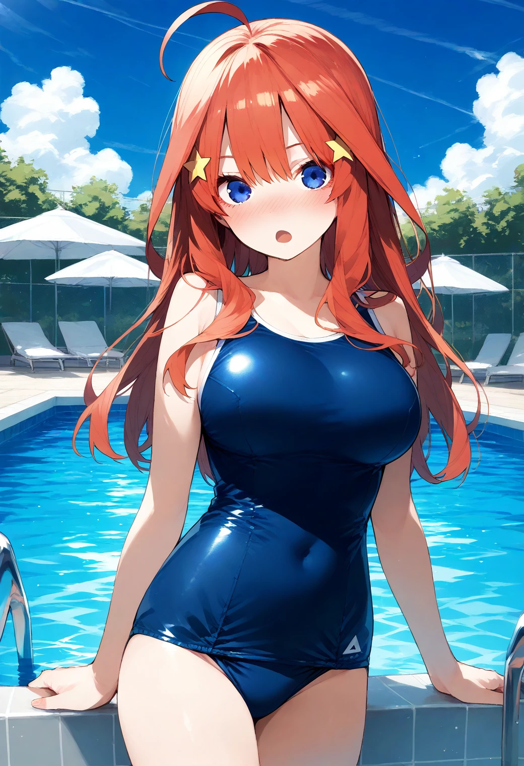 1girl, solo, (pool:1.2), (blue sky:1.2), large breasts, nose blush, cowboy shot, 
nakano_itsuki, blue eyes, red hair, long hair, ahoge, hair ornament,  school swimsuit, blue swimsuit, bare arms, <lora:nakano_itsuki_pony_ver2:0.7>, score_9, score_8_up, score_7_up, source_anime, best quality, uncensored, rating_safe,