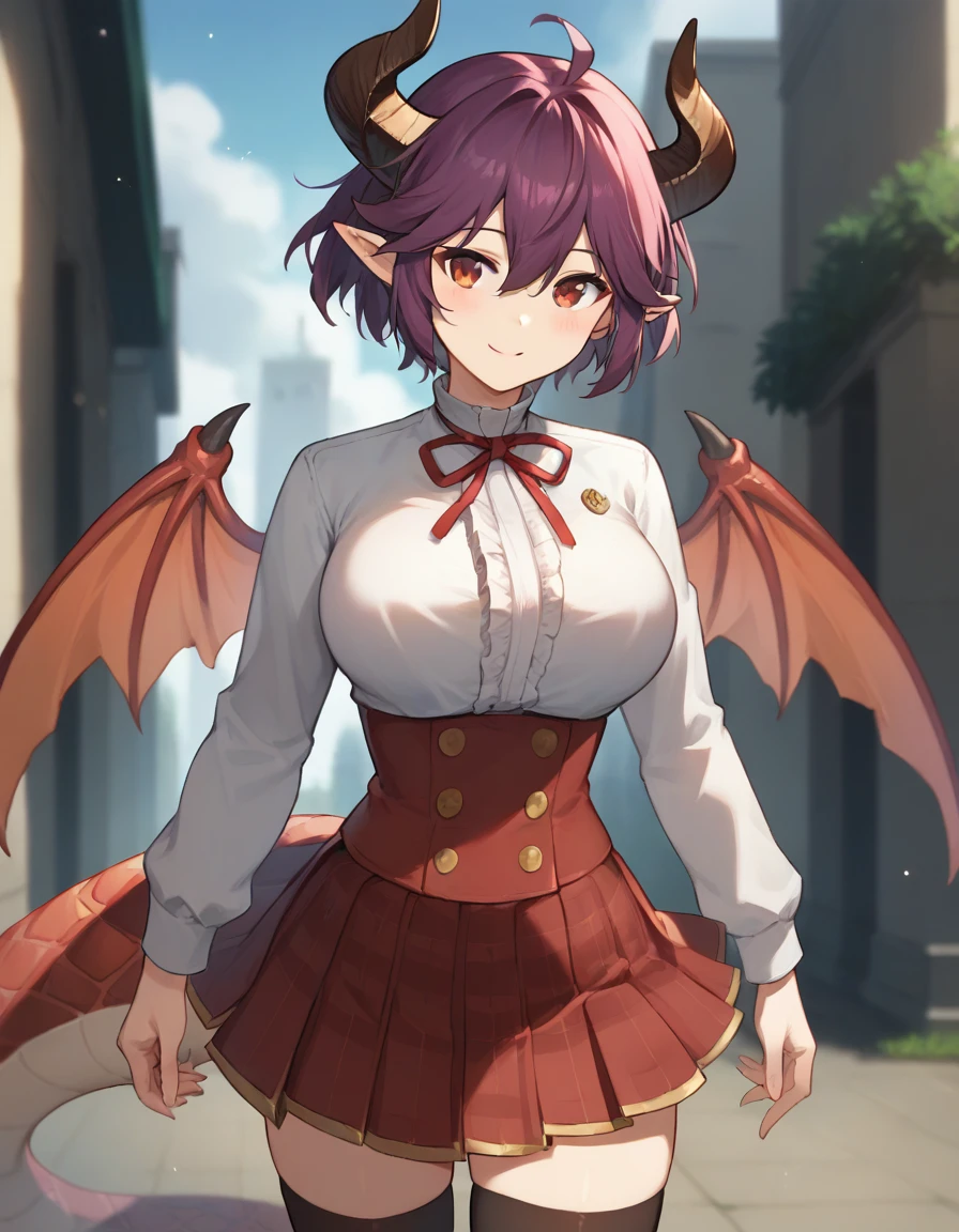 score_9,score_8_up,score_7_up,score_6_up BREAK official art,solo,outdoors,cowboy shot,looking at viewer,facing viewer,smile,Grea(snb),Grea uniform,dragon girl,dragon horns,short hair,purple hair,pointy ears,floating hair,hair between eyes,bangs,red eyes,white shirt,frilled shirt,center frills,long sleeves,large breasts,dragon wings,shirt tucked in,buttons,red skirt,high-waist skirt,pleated skirt,plaid skirt,dragon tail,zettai ryouiki,black thighhighs,loafers,brown footwear,<lora:Grea(snb)-Pony:1.5>,<lora:Smooth Anime Style LoRA XL:0.8>,