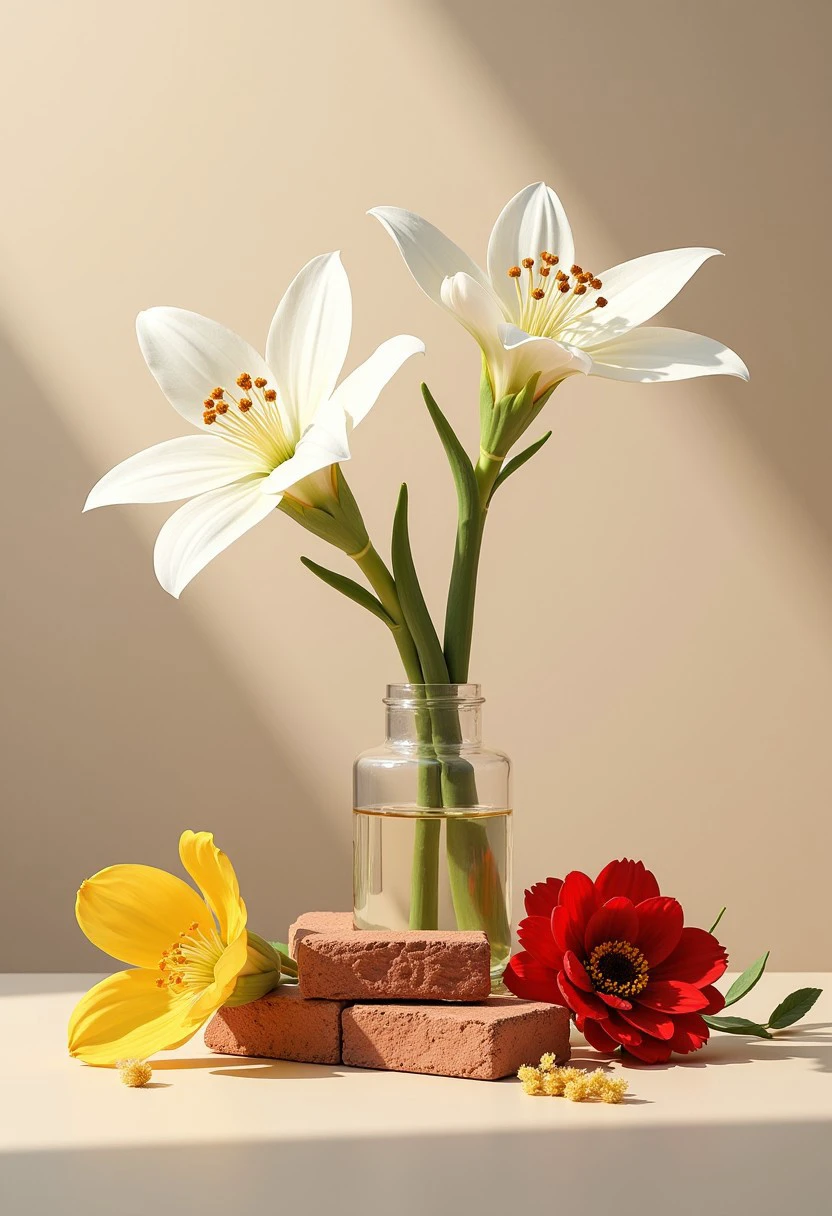 ((style, White flowers, red flowers, yellow flowers, brick, light background, still life, depth of field,no humans)),(Simple background),ultra realistic 8k cg,flawless,clean,masterpiece,professional artwork,famous artwork,cinematic lighting