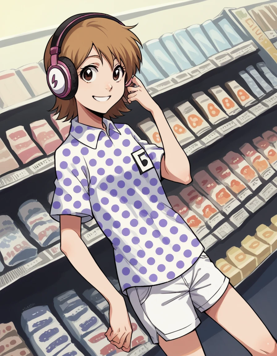 score_9, score_8_up, score_7_up, source_anime, <lora:yuzu-kurosaki-anime-ponyxl-lora-nochekaiser:1>, yuzu, short hair, brown hair, brown eyes,, shirt, short sleeves, shorts, polka dot, white shorts,, music store, browsing records, headphones, vinyl collection, nostalgic, smile, looking at viewer, knee up, elbow bent, foot on tiptoe, solo,, cowboy shot, dutch angle
