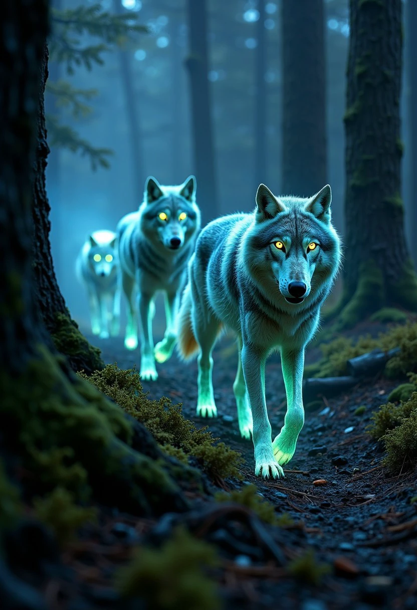 Imagine a pack of wolves moving silently through a dark, misty forest, their fur glowing with an eerie, bioluminescent light. Each wolf is illuminated in shades of icy blue and ghostly green, their eyes glowing like lanterns in the night. The alpha wolf leads the pack, its fur the brightest, casting light onto the path ahead. As they move, the mist around them swirls and dances in the glow of their bioluminescence, creating an almost spectral atmosphere. The ground beneath their paws is covered in glowing moss and fungi, lighting up with each step they take. The trees around them are dark and ancient, their bark absorbing the light from the wolves, adding to the sense of mystery and magic in the scene. The overall mood is one of silent power and ethereal beauty, as the wolves move as one through their bioluminescent world.