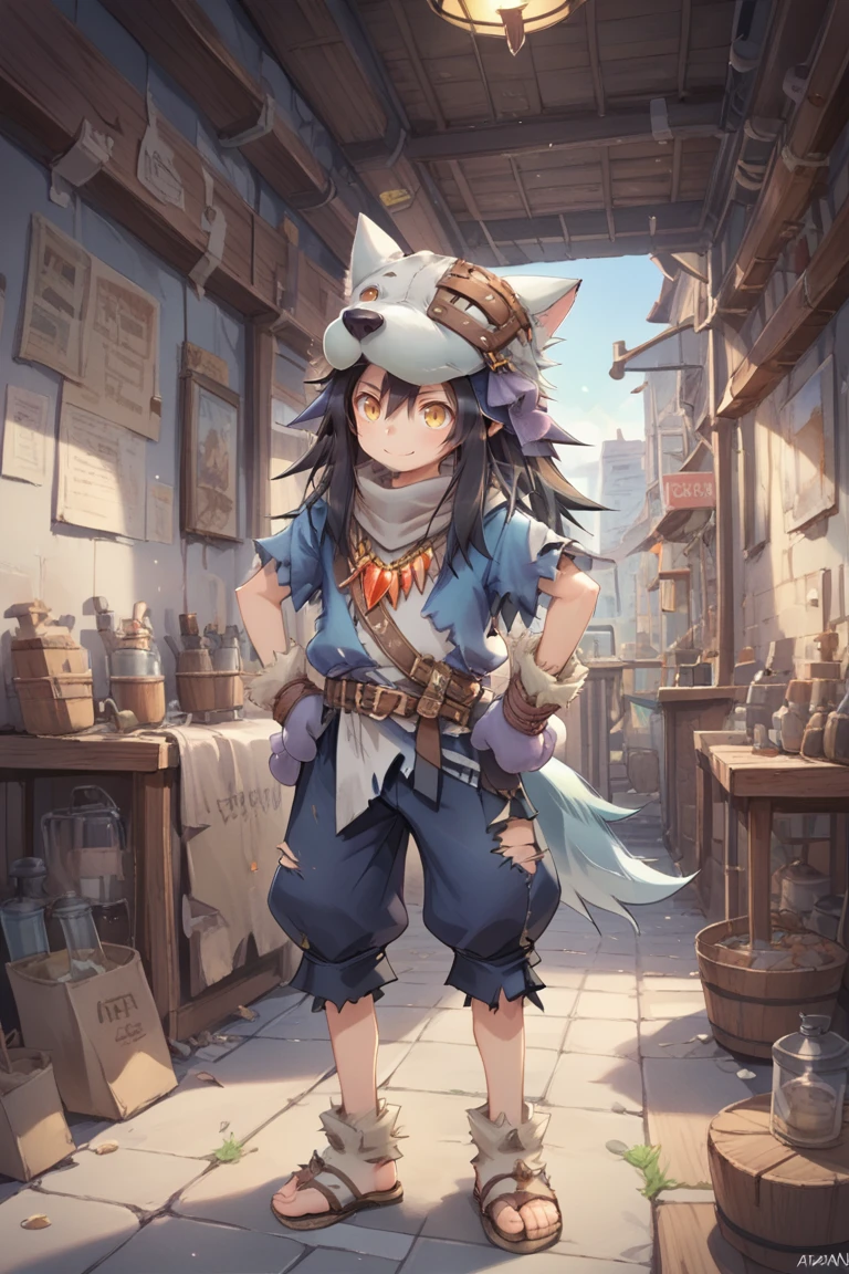 score_9, score_8_up, score_7_up, score_6_up, source_anime, BREAK, <lora:FlunkyPonyXL:0.75> , fludef, 1boy, black hair, long hair, yellow eyes, wolf hat, wolf hood, wolf pelt, wolf tail, grey scarf, bandana around neck, necklace, tooth necklace, fur trim, blue vest, torn clothes, paw gloves, sandals, smile, closed mouth, happy, scenery, interior, indoors, (solo), hand on hip, <lora:backgroundsetXL:0.35> , background, <lora:ATDANbrite:0.6> , ATDAN ,