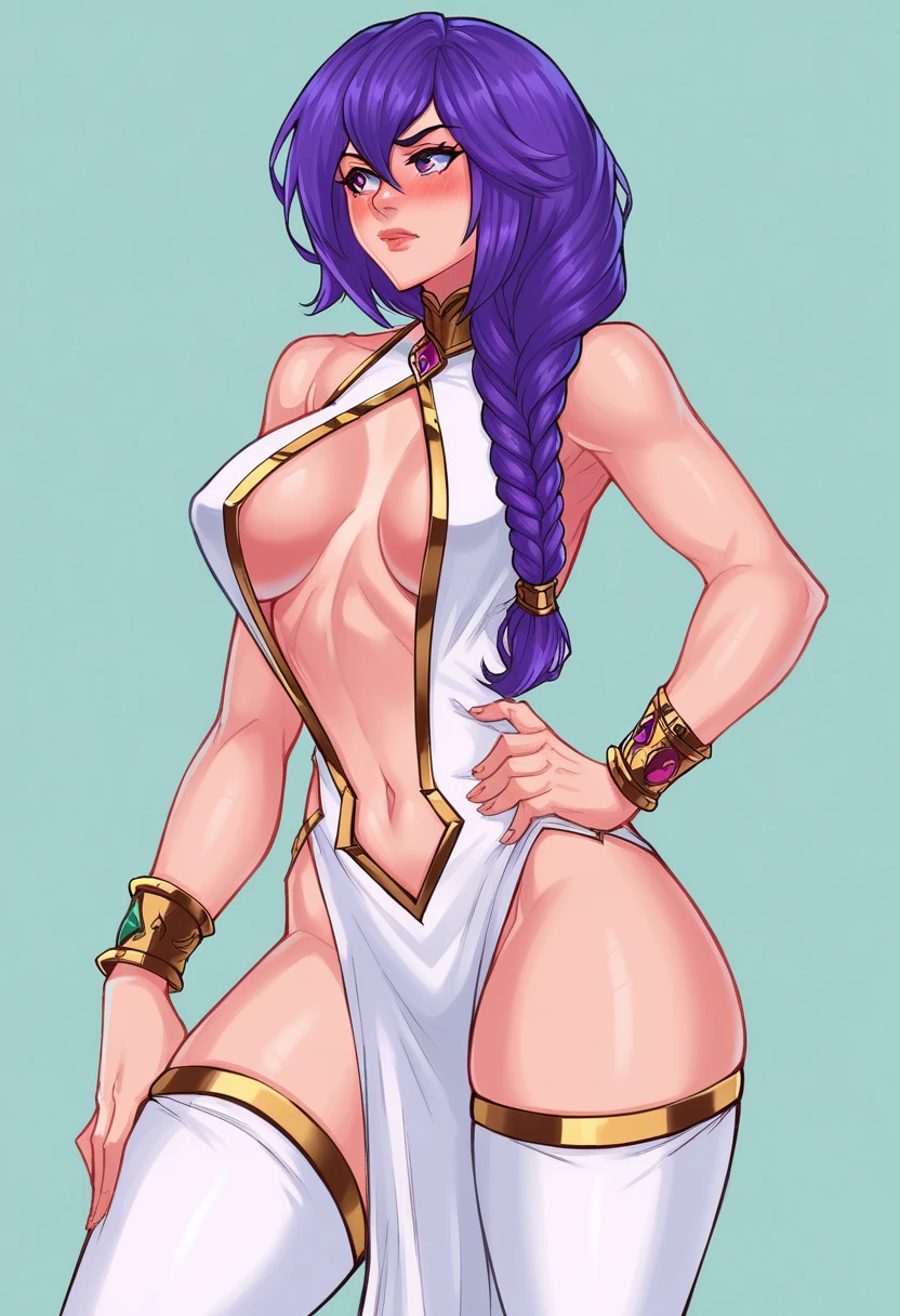 score_9, score_8_up, score_7_up, beautyfull color, aesthetic, 2d,
N0M0,
 solo, standing, posing, hand on hip, hair over shoulder, 
 1girl,
 lynn, purple hair, purple eyes, single braid, long hair, hair between eyes, 
 white thighhighs, jewelry, no panties, pelvic curtain, bracelet, bare shoulders, revealing clothes,
 white dress, groin, no bra, center opening, 
 large breasts, breasts apart, 
 blush, lips, closed mouth, looking away, looking aside,
 simple background,
<lora:Kingdom_Of_Deception_and_Noxian_Nights__PDXL6__v.4:1>