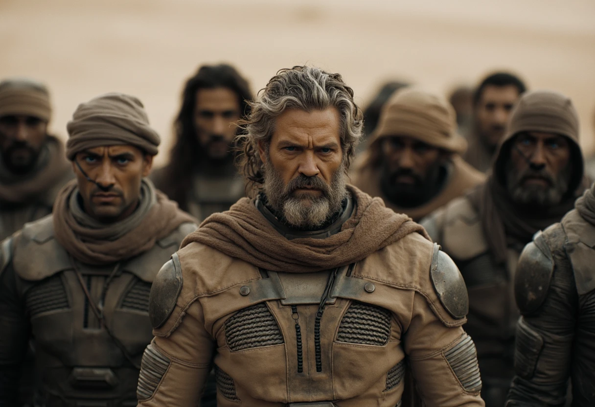 a group of rugged individuals, all wearing Fremen suits. The group is gathered in a close formation, with a sense of urgency and tension. The individuals are wearing attire that includes heavy, armored suits with metallic and leather textures, designed to withstand extreme conditions. 

The image quality is film-like, cinematic and with film grain.