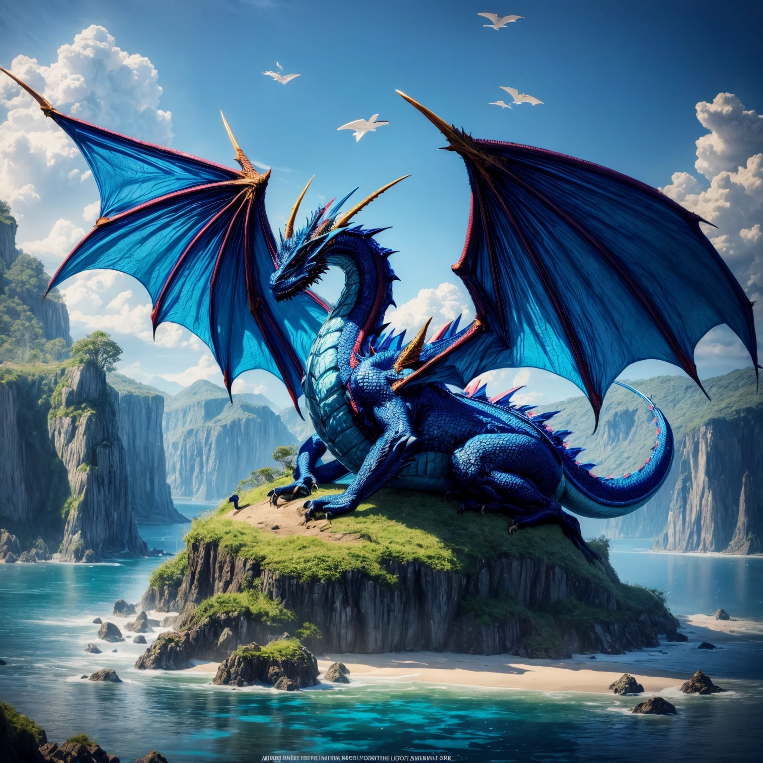 (a giant winged blue dragon), (is sitting on a lone island),<lora:pwepwv2:0.6>, elementalplanewater, <lora:more_details:0.6>, high quality, highres, masterpiece, best quality, 8k, intricate, detailed, <lora:add_detail:0.6>, very detailed