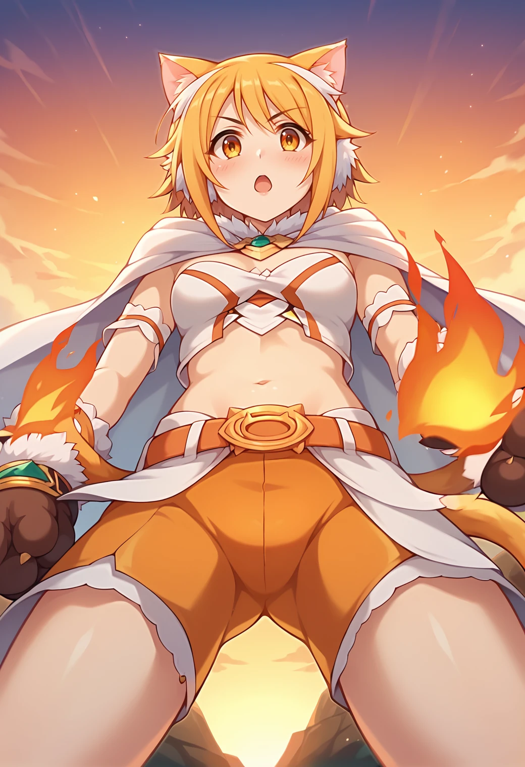 score_9, score_7_up, hd, (ultra hd quality details), source_anime, outdoors, rock, mountain, sunset, fire,
solo, 1girl, 
pcrhiyo, cat ears, animal ear fluff, cat tail, hiyopform, fur collar, white cape, white bandeau, midriff, belt, buckle, orange shorts, fur-trimmed gloves, paw gloves,
looking above, blush, serious, bokeh, open mouth,
legs apart, cowboy shot, hand up, from below,
<lora:_hiyoripcr-elesico-ponyr2e12:0.9>