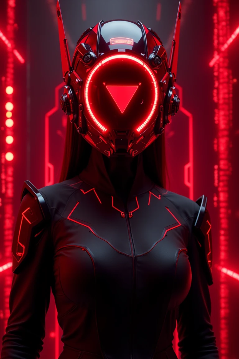 A realistic cosplay helmet with a sharp, angular design, featuring a glossy red and matte black color scheme. The helmet has a glowing red LED ring at its center with a triangular symbol inside, surrounded by additional white and crimson lights. The side components of the helmet resemble advanced sensory equipment with sharp edges. The figure is wearing a sleek, high-tech black bodysuit with red highlights. She is standing in front of a red and black hacker-themed background, filled with flowing code, geometric patterns, and pulsing digital lights. The helmet's lights cast sharp red and white hues, merging with the high-tech atmosphere.