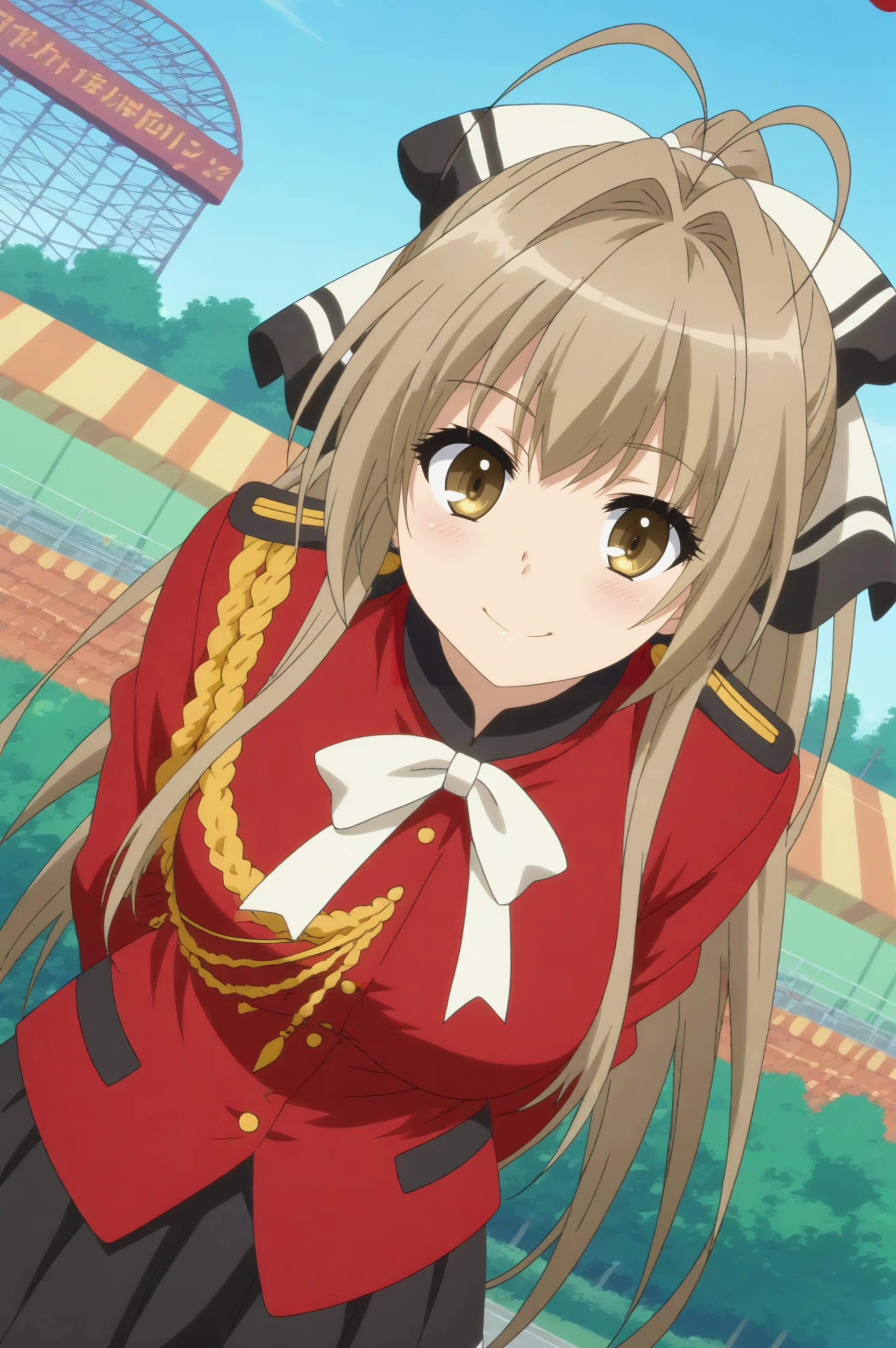 isuzu sento,anime screencap,1girl,solo,long hair,ponytail,antenna hair,aiguillette,uniform,breasts,hair bow,looking at viewer,outdoors, amusement park,roller coaster,smile,hands behind the back,leaning forward,dutch angle <lora:Isuzu_Sento.safetensors:0.8>