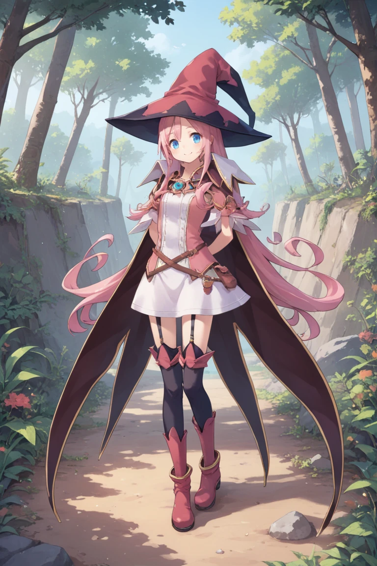 score_9, score_8_up, score_7_up, score_6_up, source_anime, BREAK, <lora:Pamela:0.75> pamdef, 1girl, pink hair, long hair, blue eyes, witch hat, white skirt, cape, black zettai ryouiki, thighhighs, garter straps, boots, full body, looking at viewer, smile, happy, scenery, exterior, outdoors, forest, jungle, hands behind back, <lora:backgroundsetXL:0.3> , background,