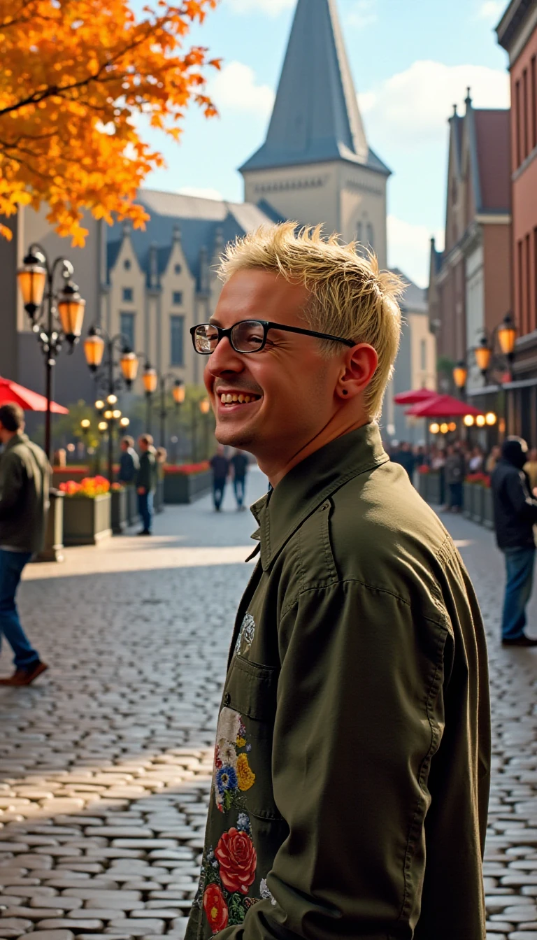 sw33ny, close-up shot,  photorealism, photography of a man, chester_numb, standing on a cobblestone street, sunset,  wearing casual autumn clothes, blonde hair, smiling warmly, outdoors, sunny morning, autumn foliage, traditional houses, fountain,  vibrant colors, detailed, photorealistic,looking to the side, wind, hair flowing over, crowded, 