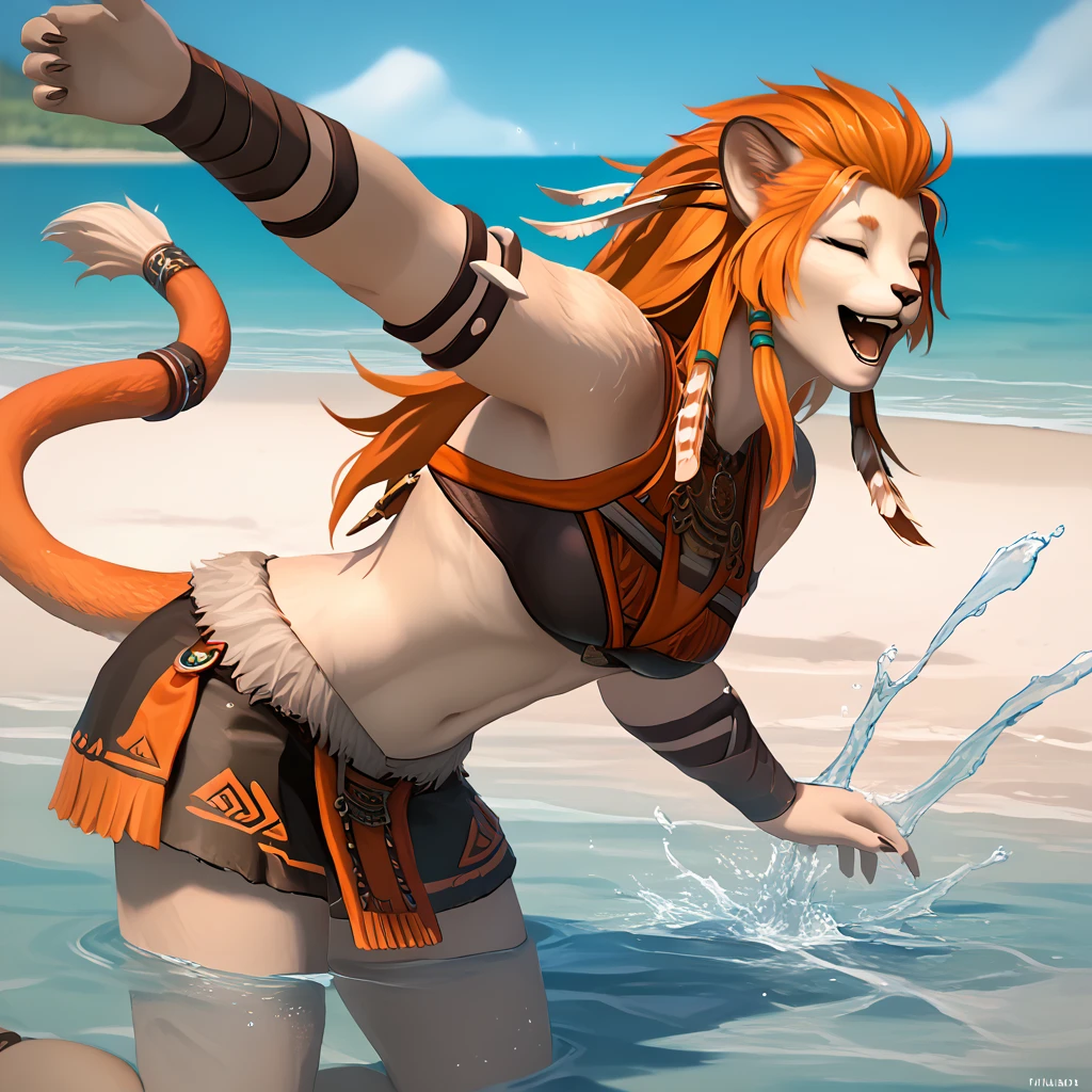 score_9, score_8_up, score_7_up, source_furry, 1girl, solo, uncensored, <lora:WukLamatXL_v1.2:1> wuk lamat, orange hair, long hair, hair slicked back, tribal bikini, tail, in water, splashing, happy, open mouth, closed eyes, beach, ocean, sand, sunny, day