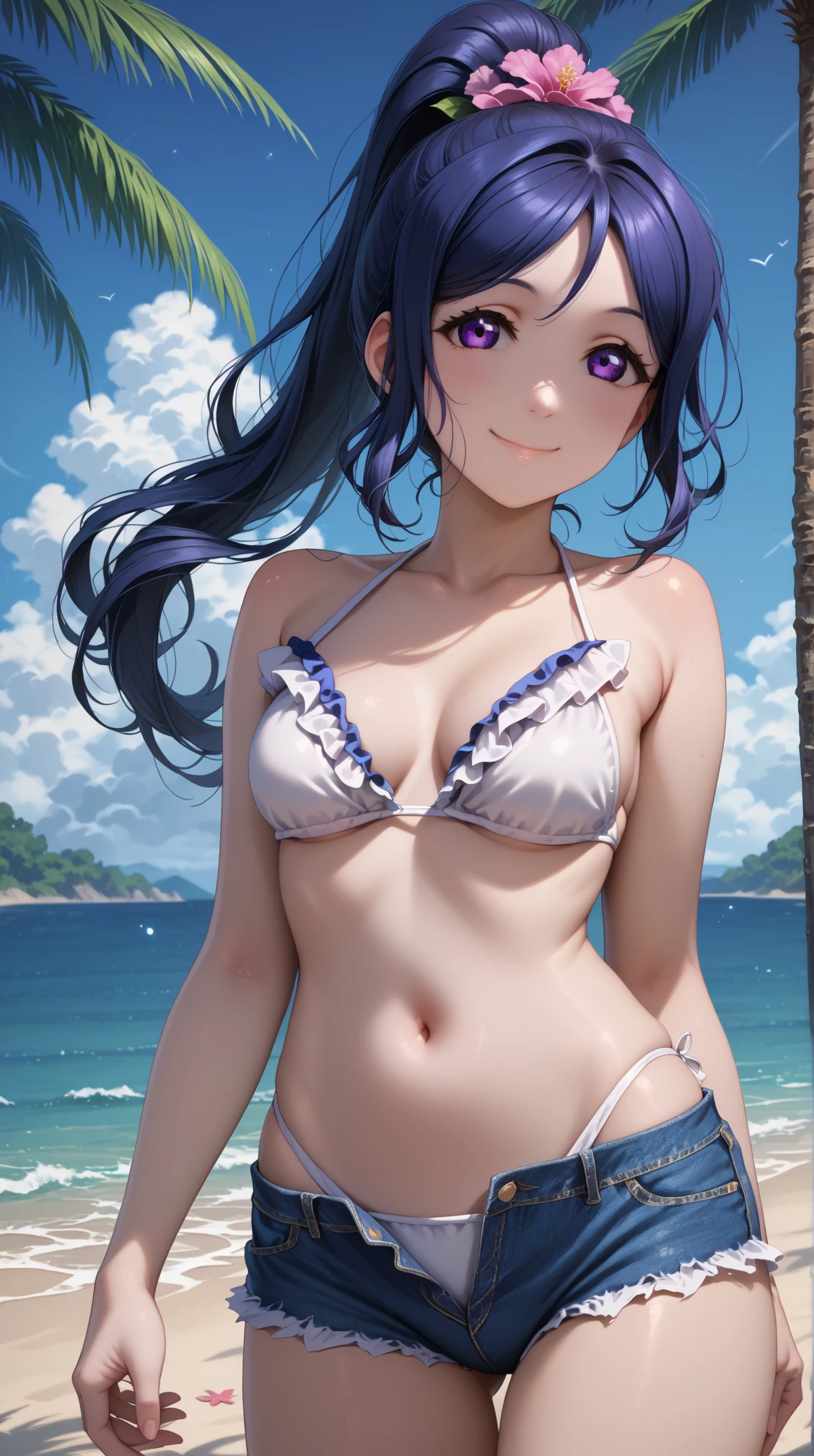 (highest quality:1.2, Very detailed, up to date, Vibrant, Ultra-high resolution, High Contrast, masterpiece:1.2, highest quality, Best aesthetics), Portraiture、girl、25 years old, Bright colors、Beautiful fine details、Beautiful lip detail、long hair、black and purple ((streaked hair:1.6)), highlights hair: 1.5, brown eyes, shell earrings, ((slim body:1.3)), (small breast:1), beautiful beach, day, sun shine, blue sky, ((Sarong-pass:1)), tropical-print、Cowboy shot,