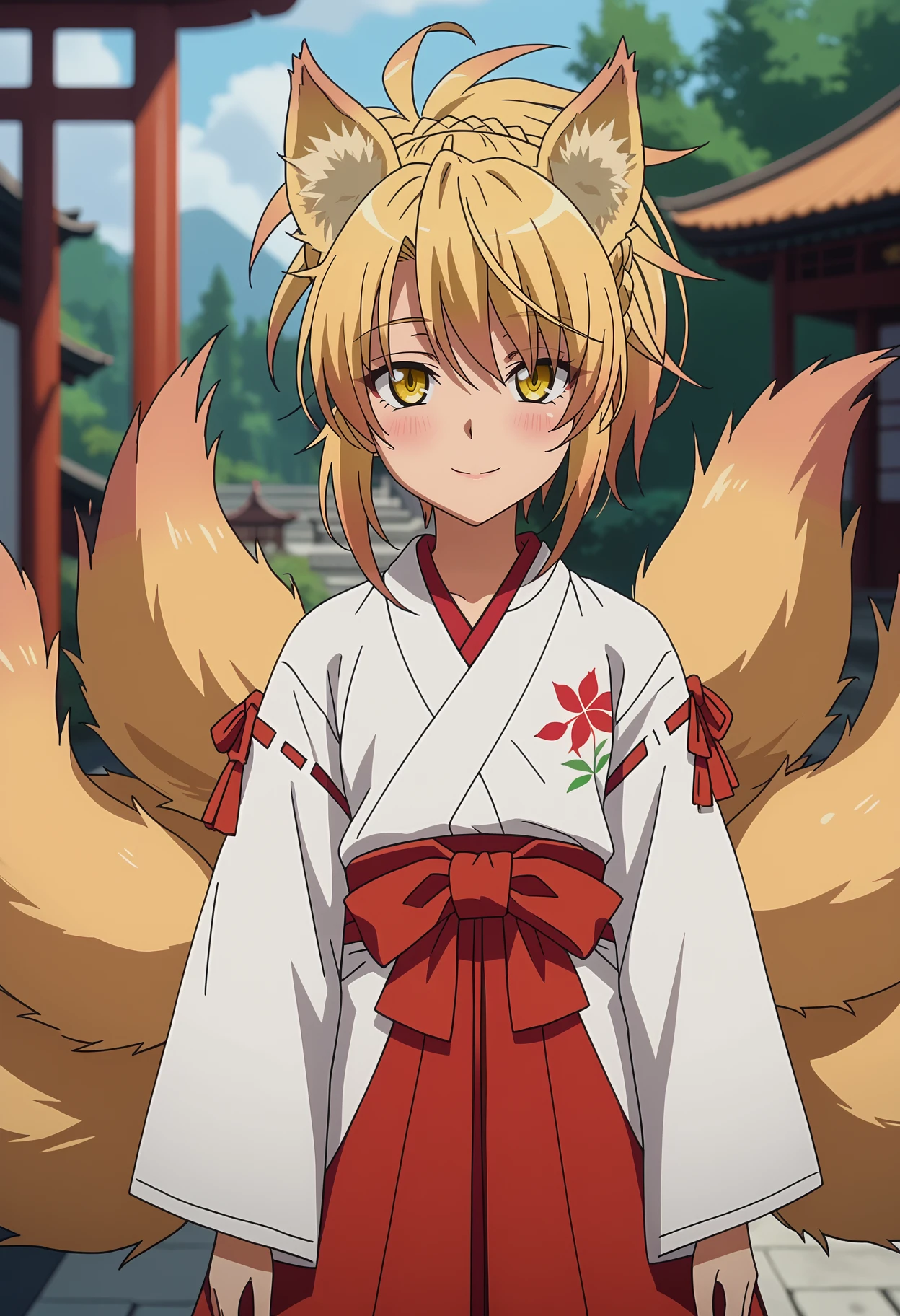 score_7_up, anime screencap,
<lora:HighschoolDxD_KunouXL:0.9>,
1girl, solo, smile, light blush,
ponytail, blonde hair, braid, yellow eyes, fox ears, multiple tails, fox tail,
KunouMiko, white kimono, hakama skirt, red hakama, ribbon trim, wide sleeves,
standing, looking at viewer, upper body,
blurry background, outdoors, east asian architecture