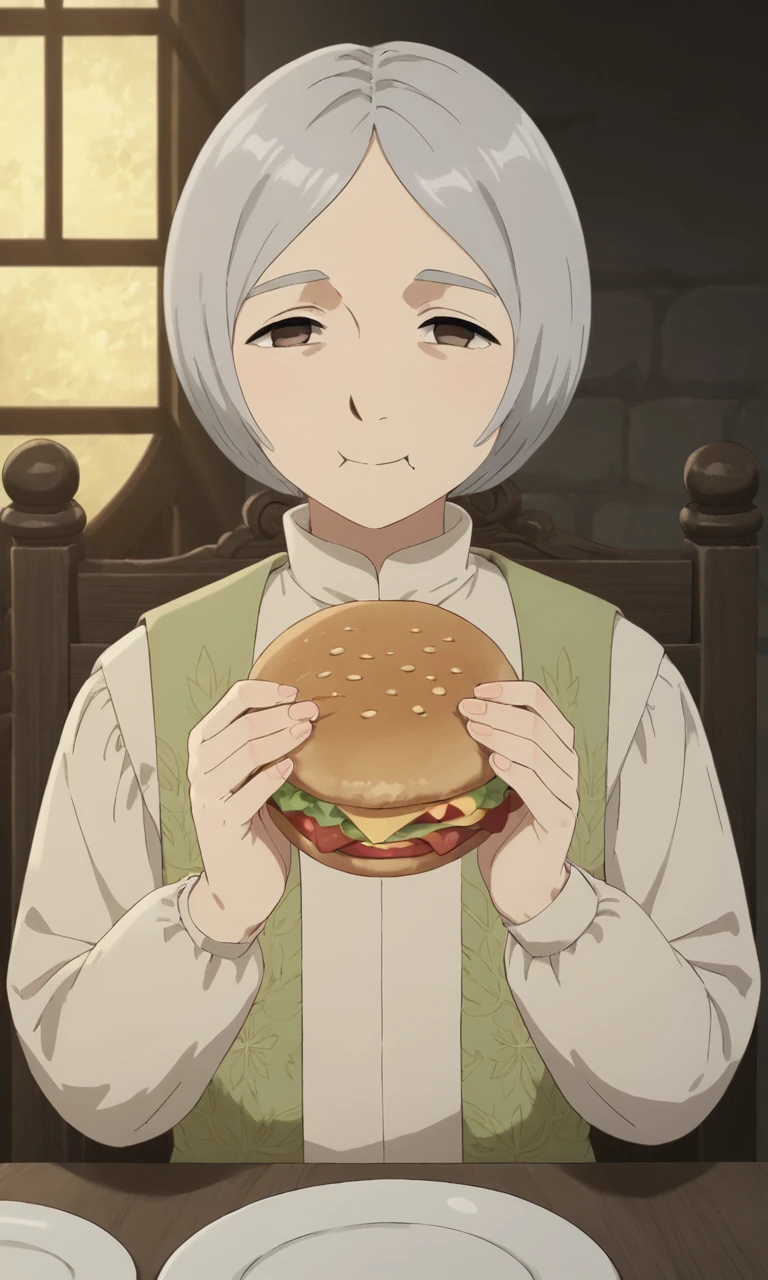 score_9, score_8_up, score_7_up, source_anime, anime illustration, masterpiece, best quality, lots of details, medieval dining hall, BREAK
1boy, solo, 18 years old, femboy:0.1, adult, yaaddm, grey hair, long sleeves, short hair, looking at viewer, floral print, brown eyes, :3, eating a burger, (cute pose):1.5, bitten burger, table, empty plate, from above, side view