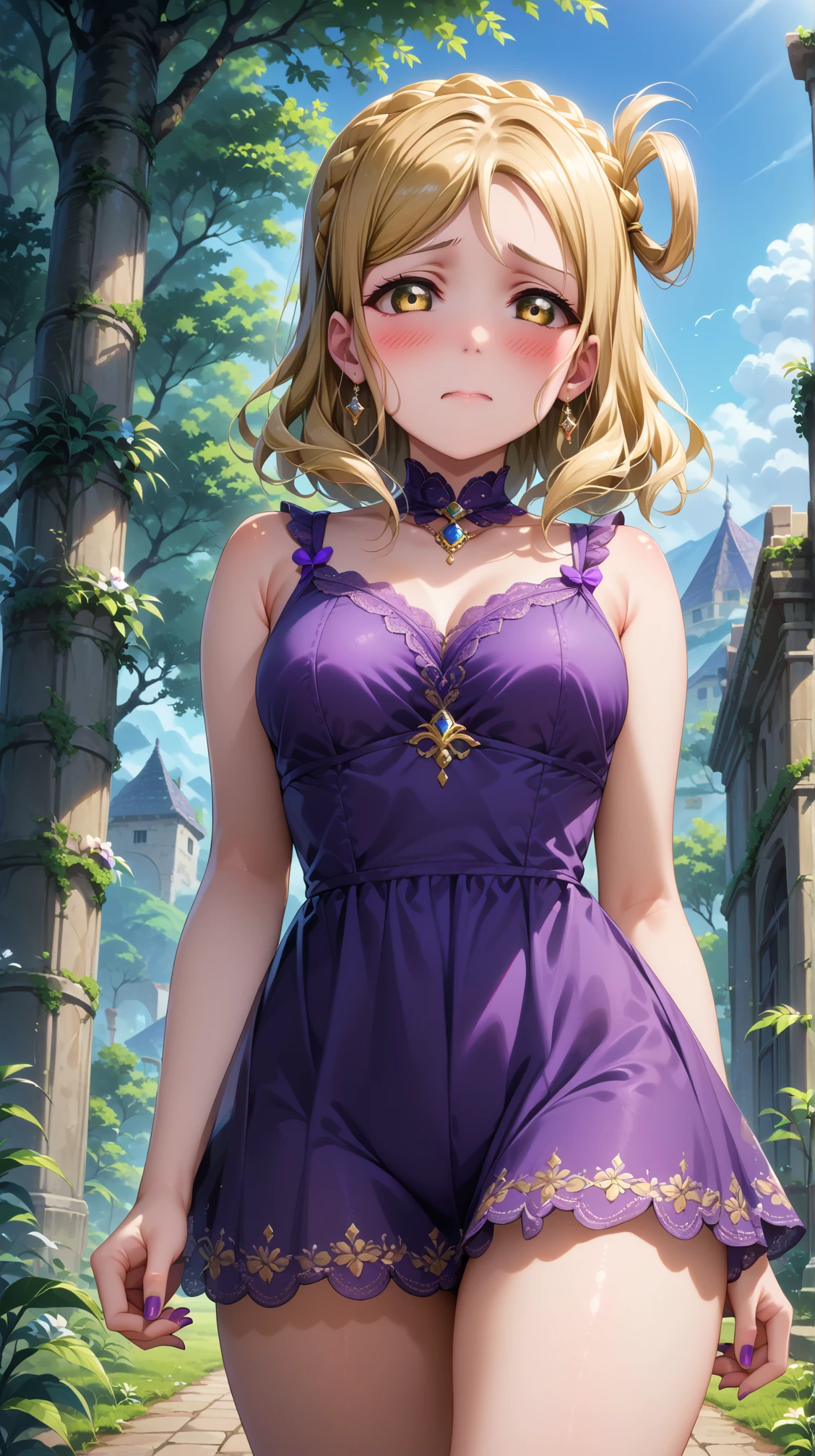 score_9, score_8_up, score_7_up, solo, 1girl, oharamari, blonde hair, yellow eyes, crown braid, hair rings, looking at viewer, medium breasts
purple dress, embarrassed, blush, short dress
(thighs:1.3), cowboy shot, outdoors, greenery, nail polish, sky, purple nails, 
<lora:mari-04:1>