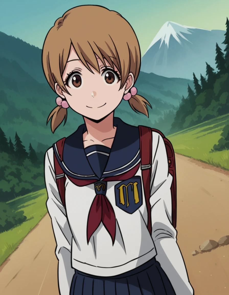 score_9, score_8_up, score_7_up, source_anime, <lora:yuzu-kurosaki-anime-ponyxl-lora-nochekaiser:1>, yuzu, short hair, brown hair, brown eyes,, twintails, short twintails, school uniform, serafuku, neckerchief, red neckerchief, skirt, blue skirt, pleated skirt, long sleeves, white shirt, shirt, sailor collar, blue sailor collar,, mountain trail, hiking, nature, backpack, adventure, fresh air, smile, looking at viewer, knee bent, arm across chest, foot on ground, solo,, cowboy shot, dutch angle
