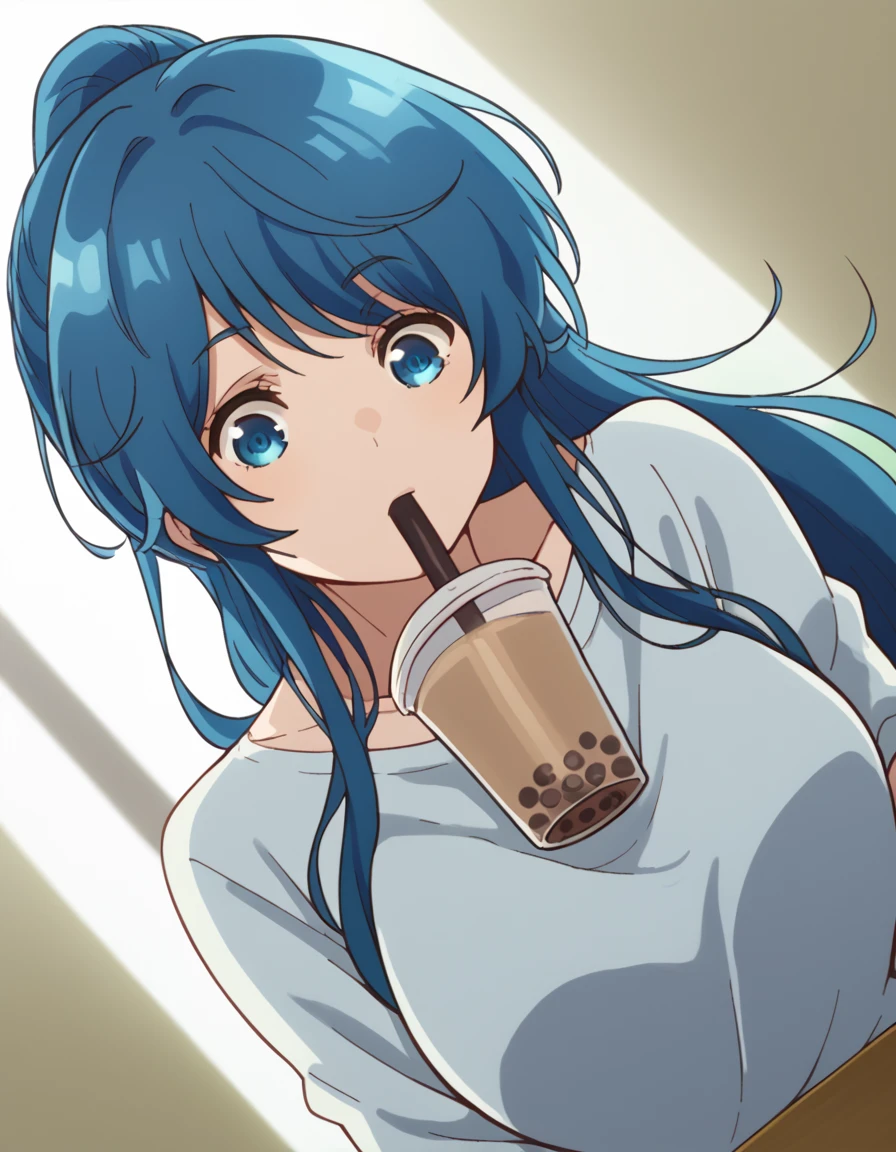 score_9, score_8_up, score_7_up, source_anime, <lora:minami-nanami-s1-ponyxl-lora-nochekaiser:1>, minami nanami, long hair, blue eyes, blue hair, ponytail, sidelocks, large breasts,, <lora:bubble-tea-challenge-ponyxl-lora-nochekaiser:1>, bubble tea challenge, bubble tea, object on breast, drinking straw, drinking straw in mouth, drinking, cup,, indoors, sitting, looking down, , cowboy shot, dutch angle