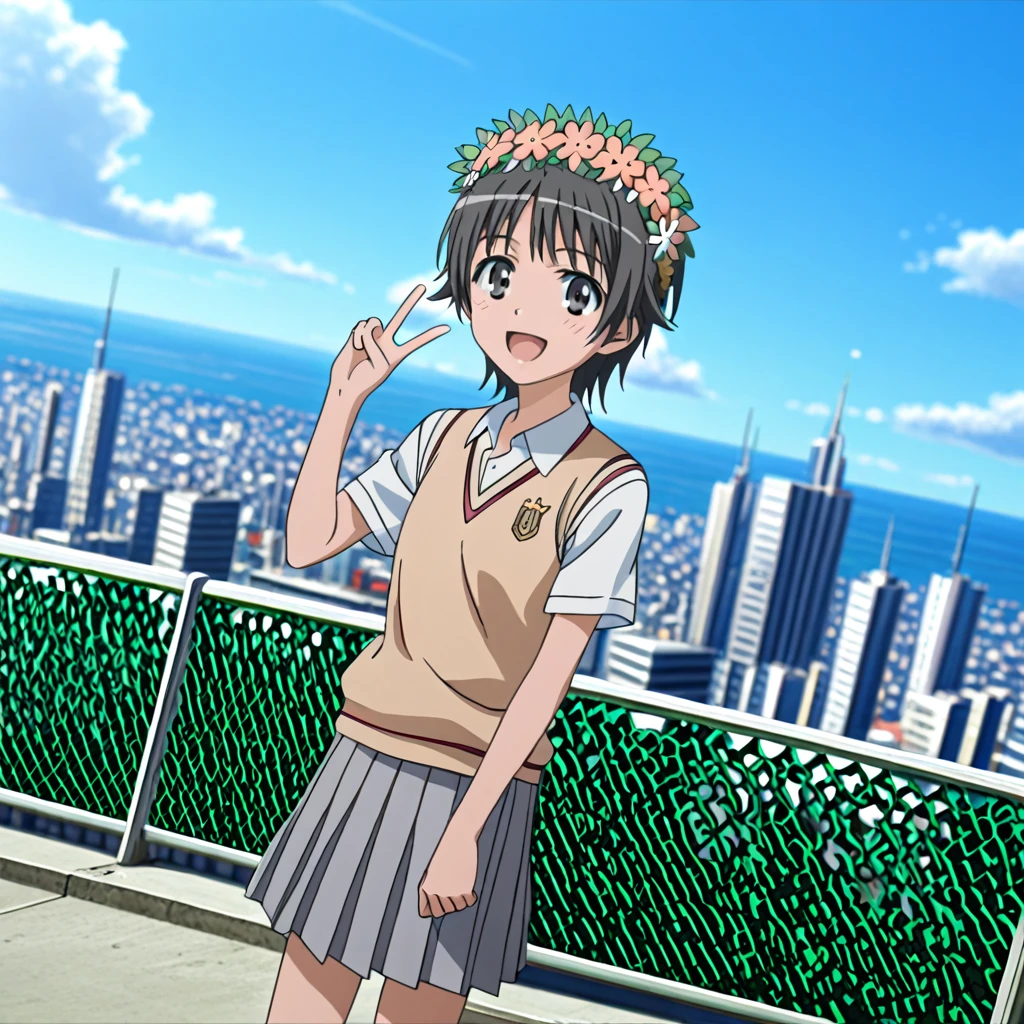 cityscape,outdoors,standing,smile,onehand_peace_sign,open_mouth, 
slender, 1girl, dutch_angle, dynamic lighting,detailed_background,
highres,official_art, very_aesthetic,depth_of_field,caustics, natural_lighting,
<lora:add-detail-xl:1.5> uiharu_kazari, hair_flower, head_wreath, tokiwadai_school_uniform, short_sleeves, sweater_vest, grey_skirt, (bowtie,neck_ribbon:-1), collared_shirt, 
 <lora:Toaru_Uiharu_v10:1>