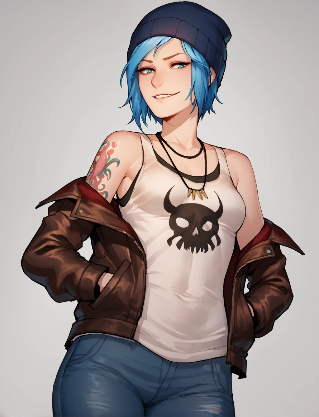 score_9, score_8_up, score_7_up, score_6_up, score_5_up, score_4_up, 1 girl, solo,
BREAK
cowboy shot, chloeprice, medium breasts, blue eyes, blue hair, necklace, tanktop with a skull, beanie,  leather jacket, bare shoulders, jacket off-shoulder, arm tattoo, low angle, smirk, <lora:ChloePricev2:0.8>, <lora:Ratatatat74XLLocon:0.7>