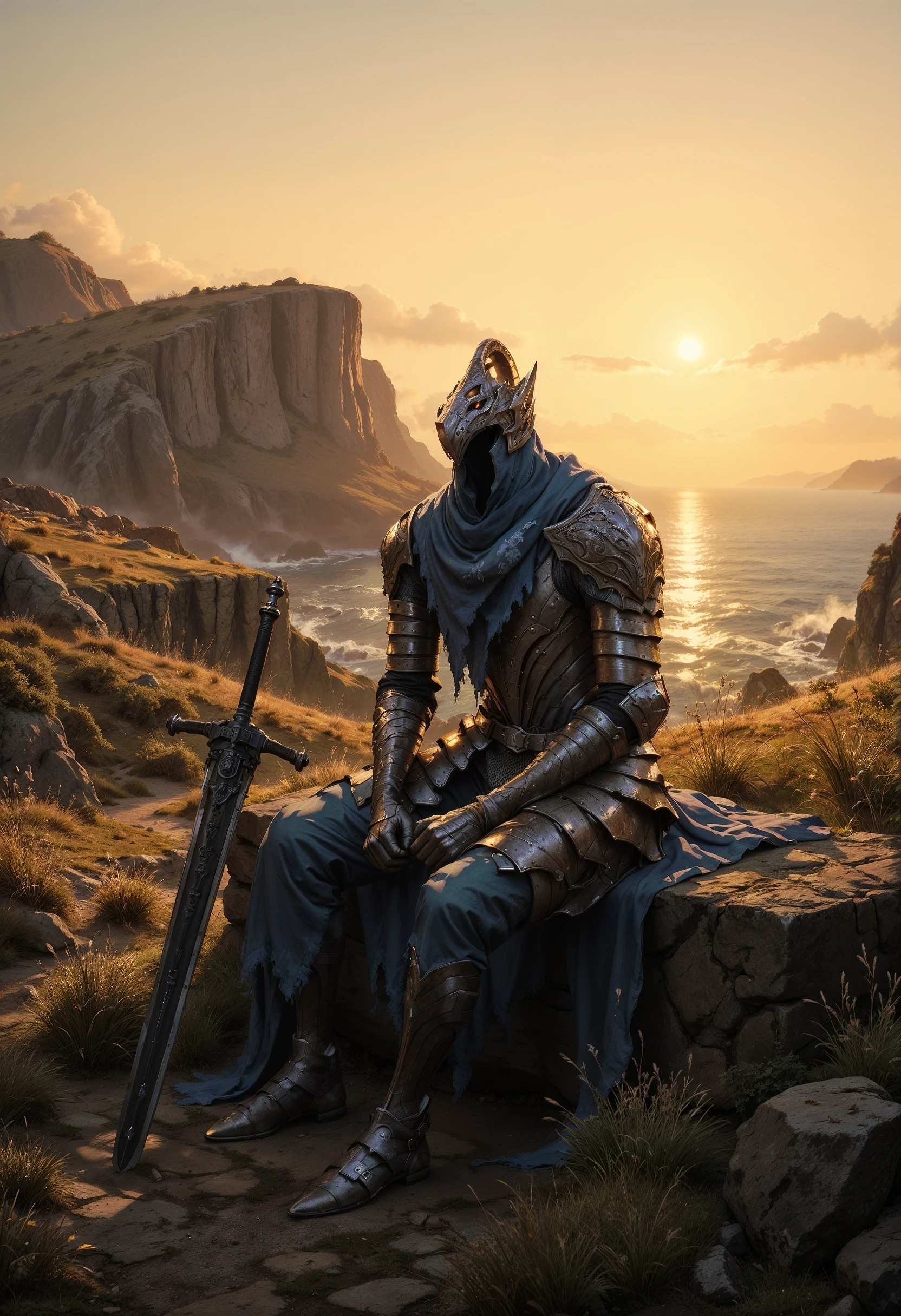 FluxArtorias, A courageous knight, in the final throes of his life, rests on his sword in a field as the sun sets, his eyes fixed on a distant cliff. His battle-worn armor is blemished and corroded, his once gleaming sword now worn from combat. This breathtaking tableau, likely a painting, captures the melancholy beauty of the scene. The knight's posture exudes valor and resignation, while the fading light and rugged landscape create a poignant backdrop. The artist's skill in portraying the knight's struggle and the fleeting nature of life is evident in every brushstroke  <lora:FluxArtorias:1> <lora:fluxenhancer:0.5>