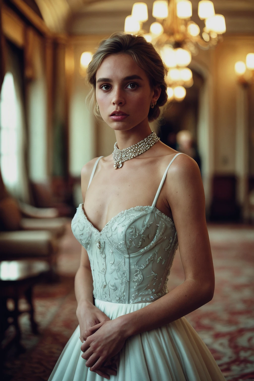 [VOGUE MAGAZINE PHOTOSHOOT] of an English woman wearing Mermaid wedding dress, standing elegantly in a grand ballroom, surrounded by chandeliers and ornate decor, with vibrant bubblegum pastel lighting, in the style of Wes Anderson. The woman's hair is styled in a classic updo, and she is adorned with delicate jewelry. The overall aesthetic is a striking blend of classic elegance and modern whimsy, reminiscent of a Wes Anderson film. <lora:Maryam_dAbo:1>, RAW candid cinema, 16mm, color graded portra 400 film, remarkable color, ultra realistic, textured skin, remarkable detailed pupils, realistic dull skin noise, visible skin detail, skin fuzz, dry skin, shot with cinematic camera