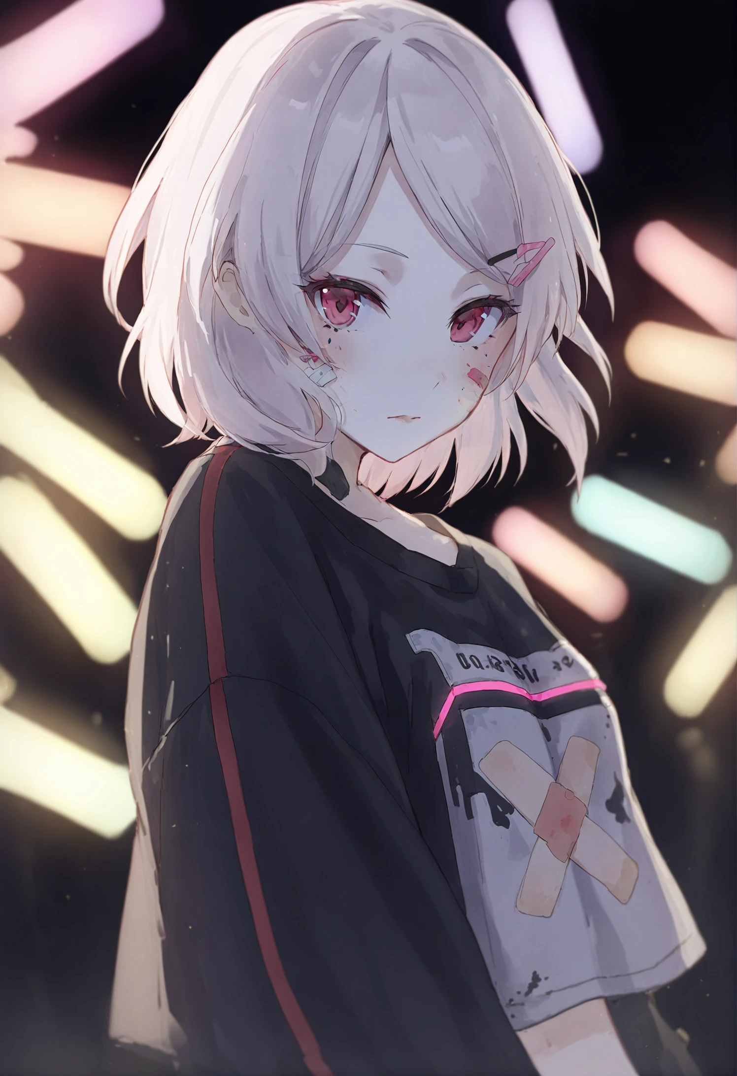 masterpiece, best quality, 1girl, solo, bandaid, bandaid on face, hair ornament, looking at viewer, pink eyes, short hair, hairclip, bandaid on cheek, portrait, white hair, closed mouth, neon lights, red eyes 
 <lora:junsui0906XLlokr4f-000181:0.95>