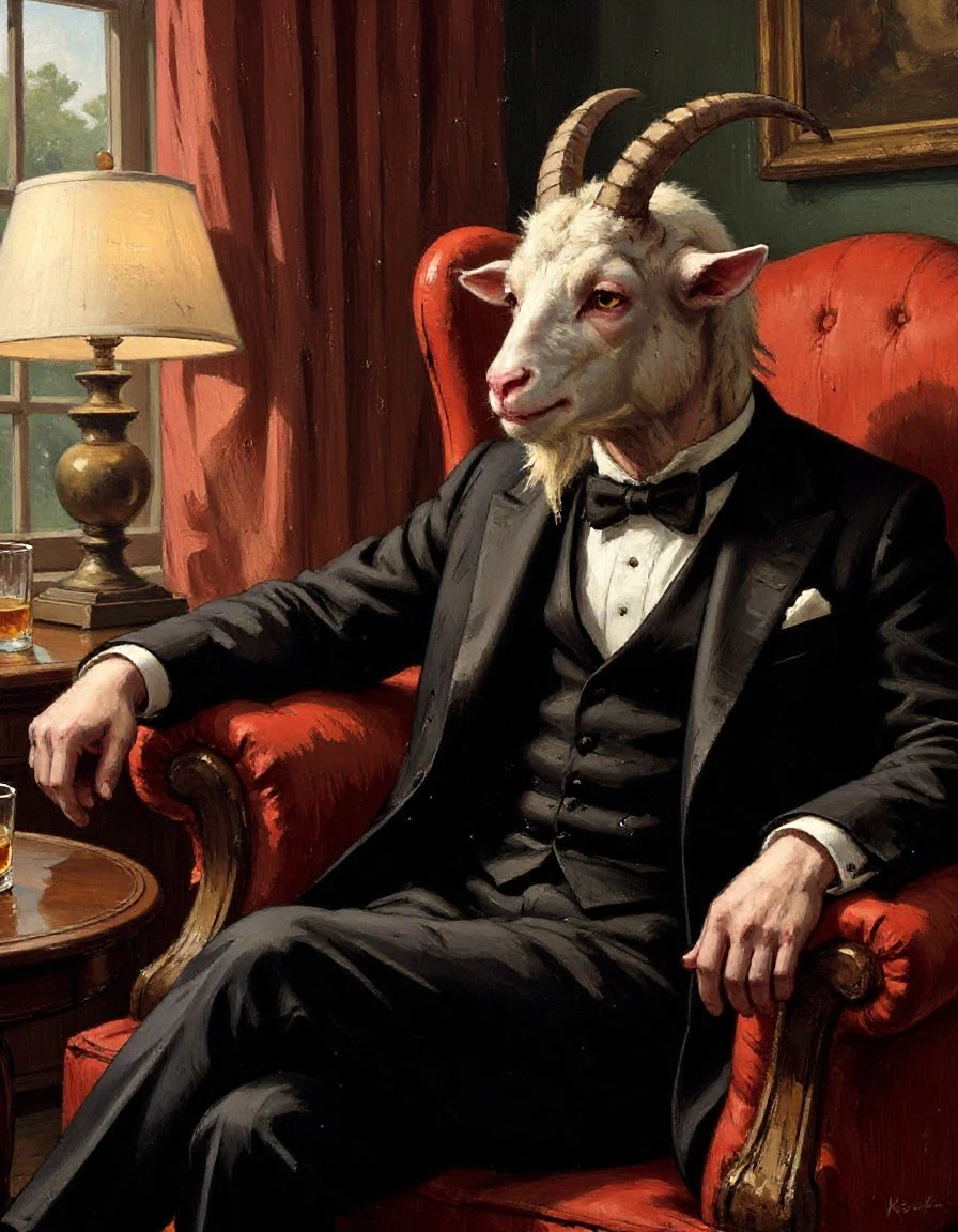 illustrated portrait of an unsettling chimera goat-man sitting in an armchair next to an end table with a glass of whisky in a handsome beautiful interior rim lighting rich furnishings