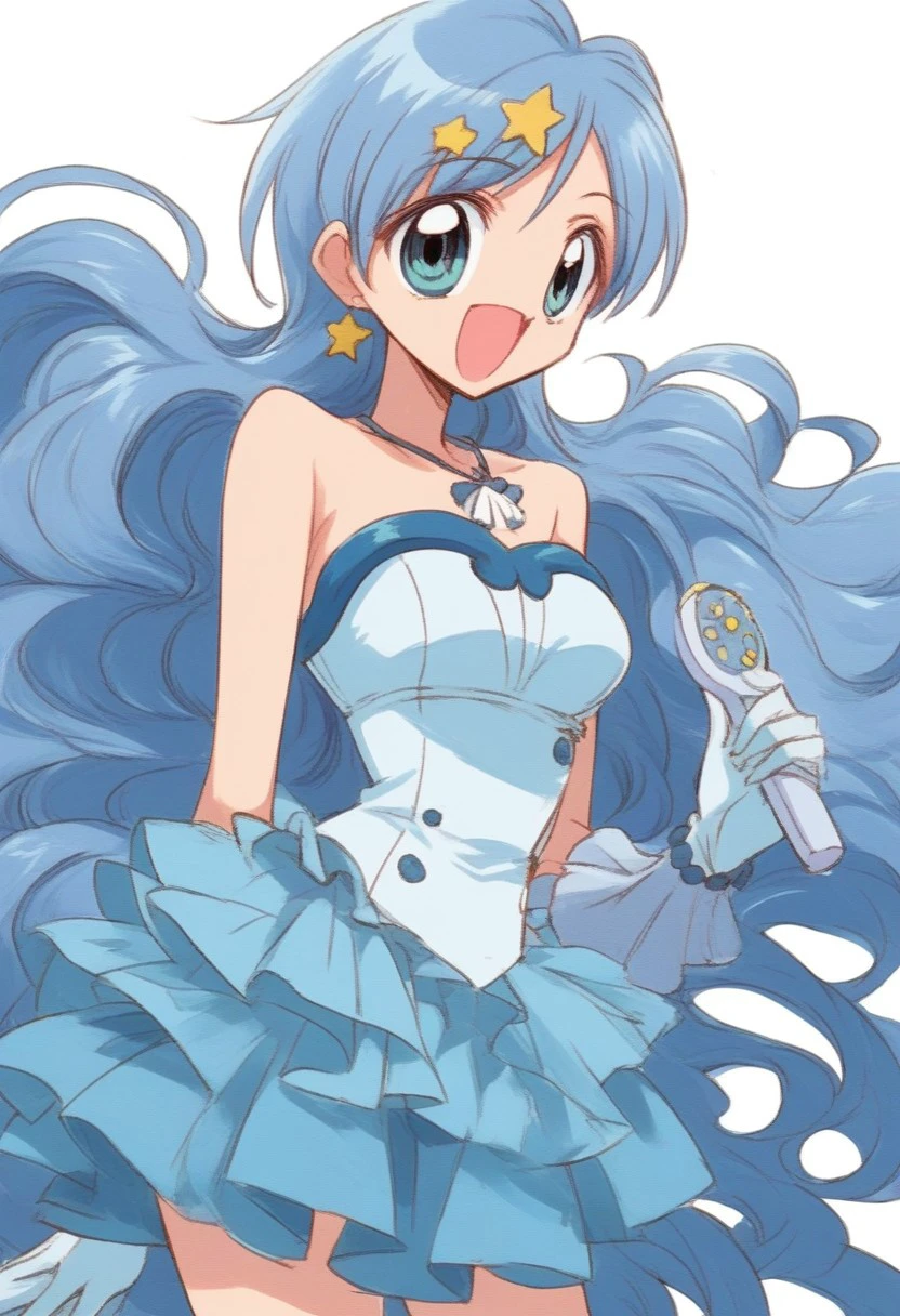 score_9,score_8_up,score_7_up, source_anime, <lora:hanon.pony:1>,hanon,blue hair,long hair,blue eyes,mini dress,gloves,boots,off shoulder,bare shoulder,shell necklace,wrist jewlry, standing, bend over, solo, looking at viewer, cowboy shot, dutch angle