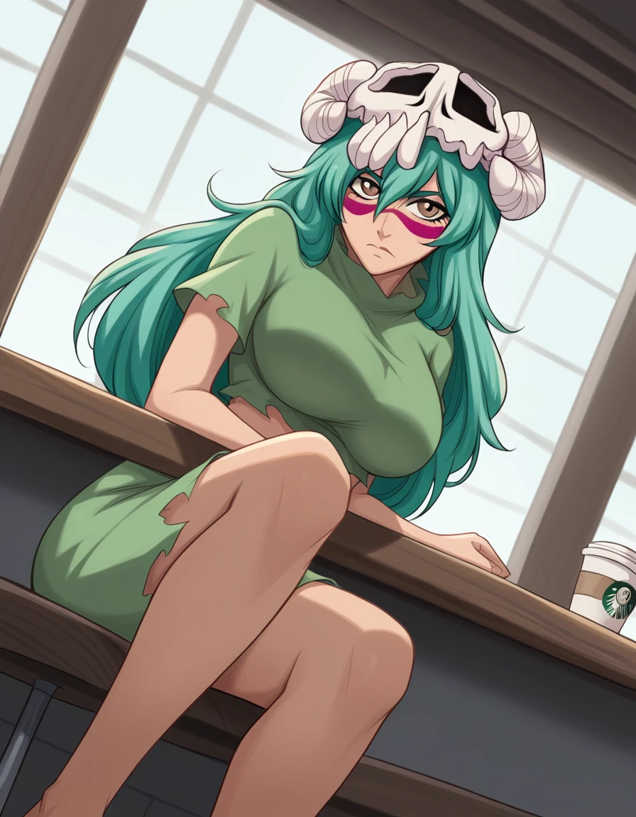 score_9, score_8_up, score_7_up, source_anime, <lora:nelliel-tu-odelschwanck-anime-ponyxl-lora-nochekaiser:1>, nelliel tu odelschwanck, long hair, green hair, facial mark, skull, brown eyes, green hair, large breasts,, normal outfit, skirt, barefoot, midriff, torn clothes, crop top, short sleeves,, cafe, coffee cup, barista, sitting down, talking, relaxing, sunlight through window, , looking at viewer, knee up, elbow bent, foot on tiptoe, solo,, cowboy shot, dutch angle