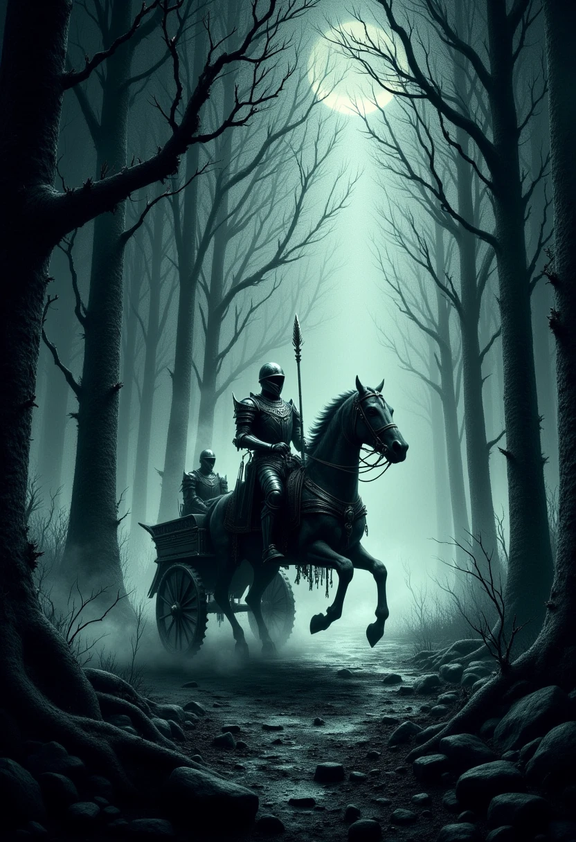 <lora:drkfnsy_pdxl_EliPot:1>, dark fantasy of a knight on a chariot riding into a dark forest