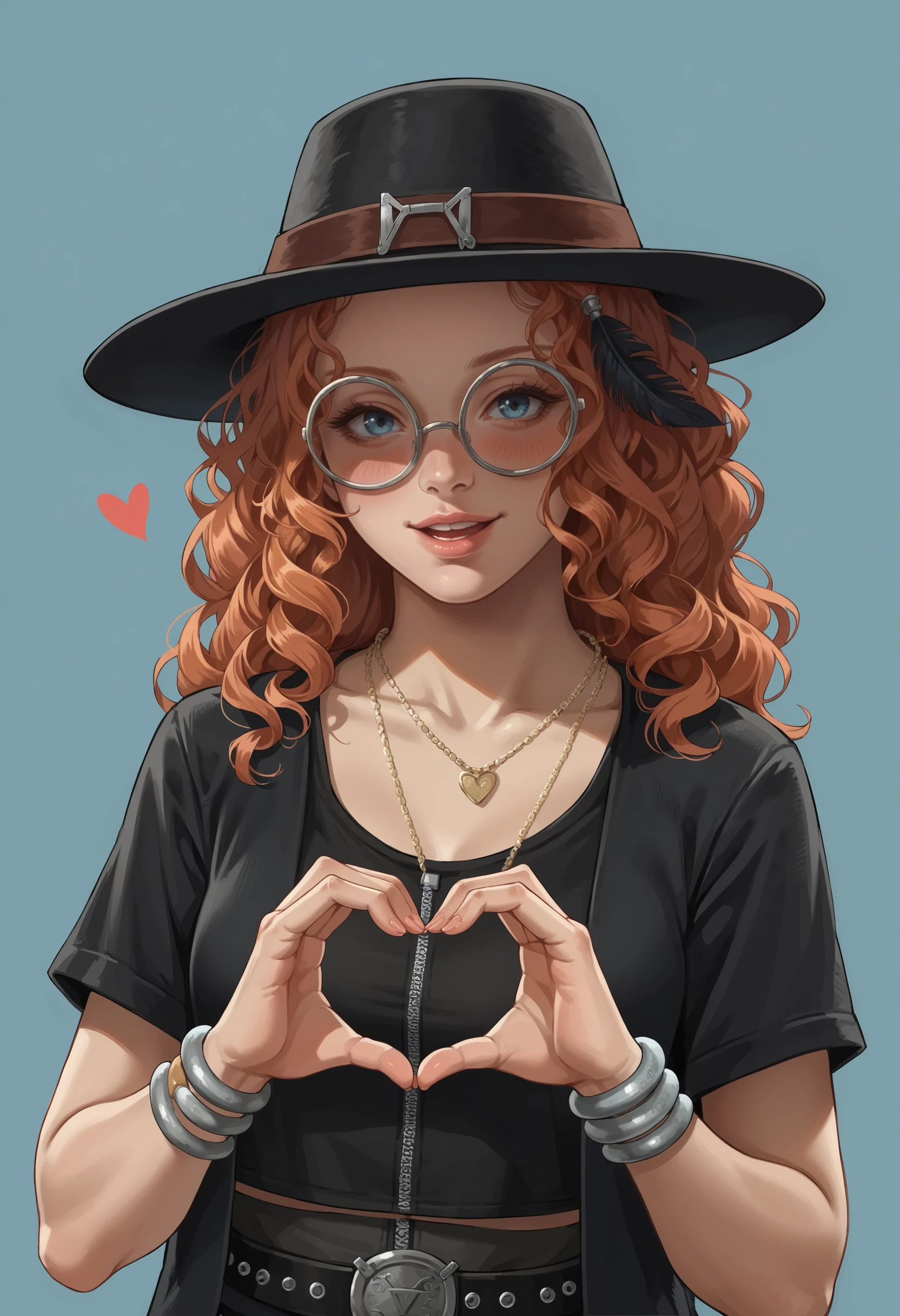 score_9, score_8_up, score_7_up, score_6_up, score_5_up, score_4_up, 1girl, <lora:MikaelaReidDBD:0.8> solo, long hair, orange hair, curly hair, lips, hat, jewelry, glasses, round eyewear, necklace, shirt, belt, bracelet, upper body, standing, smile, blush, open mouth, heart hands, 
(light blue background:1.2), simple background,