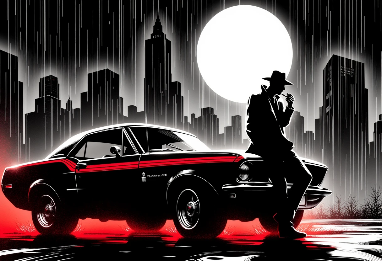 <lora:lnrnr_flux_EliPot:1>, (noir comic style with grey with red accents hues), a detective leaning on muscle car looking up at the moon while smoking a cigarette as it rains at night in a city with white moon in background,