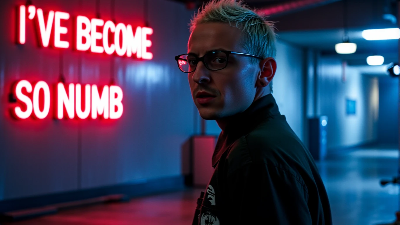 Full body picture of chester_numb in a cyberpunk setting, looking sideways at viewer, and the neon titles: "I've become so numb"