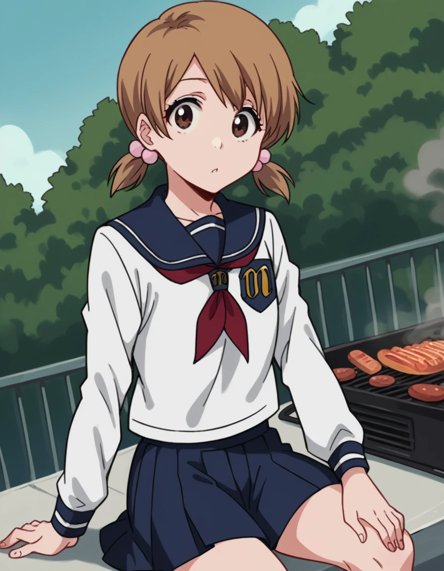 score_9, score_8_up, score_7_up, source_anime, <lora:yuzu-kurosaki-anime-ponyxl-lora-nochekaiser:1>, yuzu, short hair, brown hair, brown eyes,, twintails, short twintails, school uniform, serafuku, neckerchief, red neckerchief, skirt, blue skirt, pleated skirt, long sleeves, white shirt, shirt, sailor collar, blue sailor collar,, backyard, barbecue, grilling, laughter, summer evening, , looking at viewer, hand on thigh, elbow bent, foot pointed, solo,, cowboy shot, dutch angle