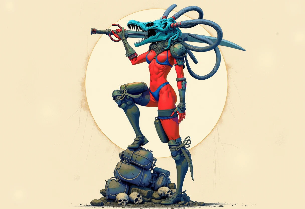 pscl, woman with red skin and blue bikini bottom and a blue animal skull with sharp teeth covering her head with metal hoses coming out of the back and trailing behind her as she holdings a curved sword up behind her shoulder with one foot on a pile of metal rubble with skulls, canisters around her thigh, long metal knee guards, two skulls around right thigh, metal armor around left arm, the background is a white circle with beige behind it and the circle is surrounded by tiny pencil drawn lines that move outward around the circle