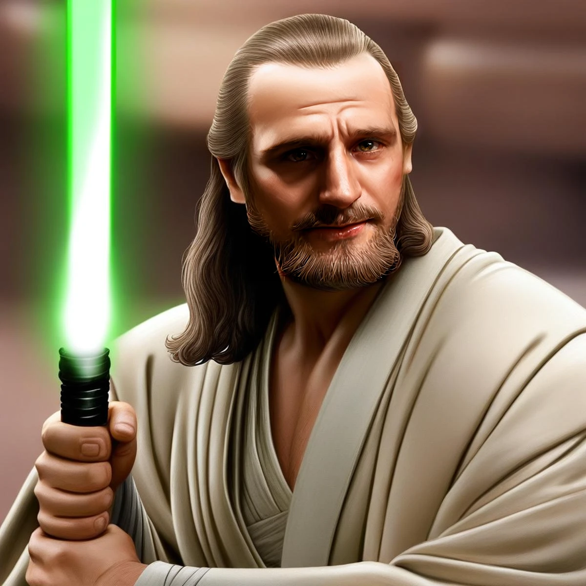 <lora:SWTOR_Resilient_Warden:.5> photorealistic, 4k UHD, <lora:SW_Qui-Gon_Jinn:1> qui-gon jinn standing holding his lightsaber in hand raised at the ready, star wars, male focus, facial hair, 1boy, beard, solo, long hair, realistic, mustache, weapon, holding lightsaber, brown hair, pauldrons, armor, shoulder armor, breastplate, science fiction, blurry background, wry smile, character portrait, looking at viewer,  break, <lora:SW_Imperial_Style:1> imperial-style, imperial-tech, star wars, indoors, door, ceiling, reflection, dark, interior, night <lora:PerfectEyesXL:1>