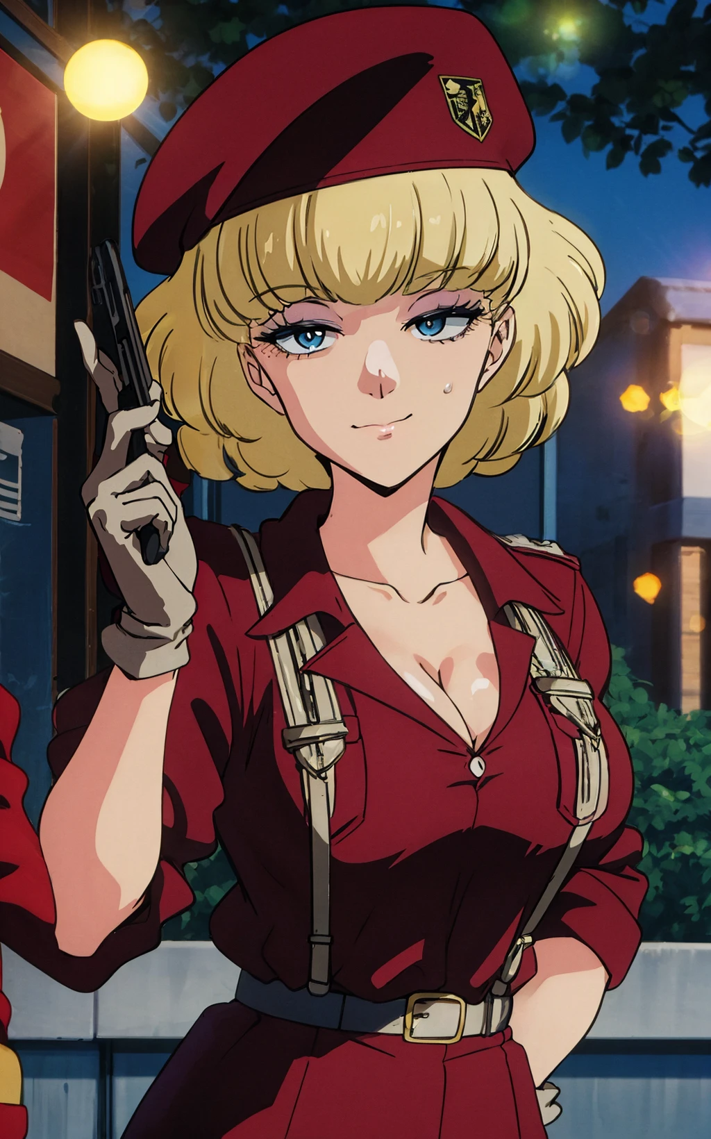 ((masterpiece, best quality)), insaneres, absurdres, solo,  vanishing point, 
ArmyOutfit_IreneSandlers_ownwaifu, 
1girl, blonde hair, short hair, freckles, blue eyes, makeup, bangs, large breasts, braid,  collarbone,  
cleavage,  hat, beret, grey gloves, military uniform, suspenders, belt, red pants, red headwear, red jacket, 
retro artstyle, 1980s (style), 
outdoors, lens flare, depth of field, bokeh, embers, looking at viewer,
(portrait, straight-on)<lora:ANIME_DesertRose_IreneSandlers_ownwaifu:1>,