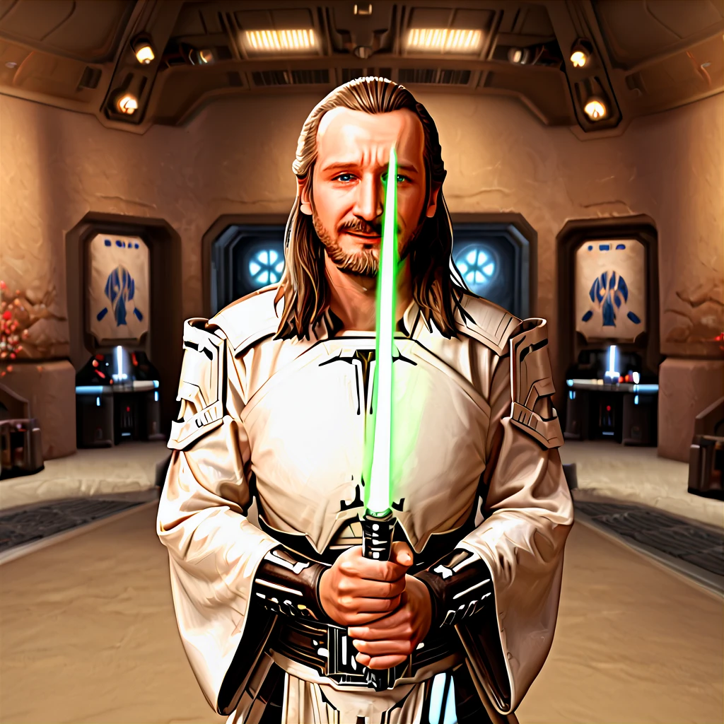 <lora:SWTOR_Resilient_Warden:.7> photorealistic, 4k UHD, <lora:SW_Qui-Gon_Jinn:1> qui-gon jinn standing holding his lightsaber in hand raised at the ready, star wars, male focus, gray hair, old man, facial hair, 1boy, beard, solo, long hair, realistic, mustache, weapon, holding lightsaber, brown hair, pauldrons, armor, shoulder armor, breastplate, science fiction, blurry background, wry smile, character portrait, looking at viewer,  break, tatooine, homestead, star wars, indoors, door, ceiling, reflection, dark, interior, night <lora:PerfectEyesXL:1> blue eyes, film grain <lora:Tatooine_Homestead:1>