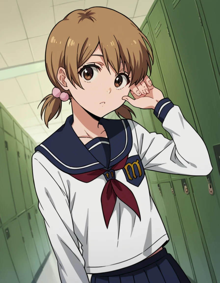 score_9, score_8_up, score_7_up, source_anime, <lora:yuzu-kurosaki-anime-ponyxl-lora-nochekaiser:1>, yuzu, short hair, brown hair, brown eyes,, twintails, short twintails, school uniform, serafuku, neckerchief, red neckerchief, skirt, blue skirt, pleated skirt, long sleeves, white shirt, shirt, sailor collar, blue sailor collar,, school hallway, lockers, between classes, everyday life, , looking at viewer, hand touching face, foot pointed, elbow up, solo,, cowboy shot, dutch angle