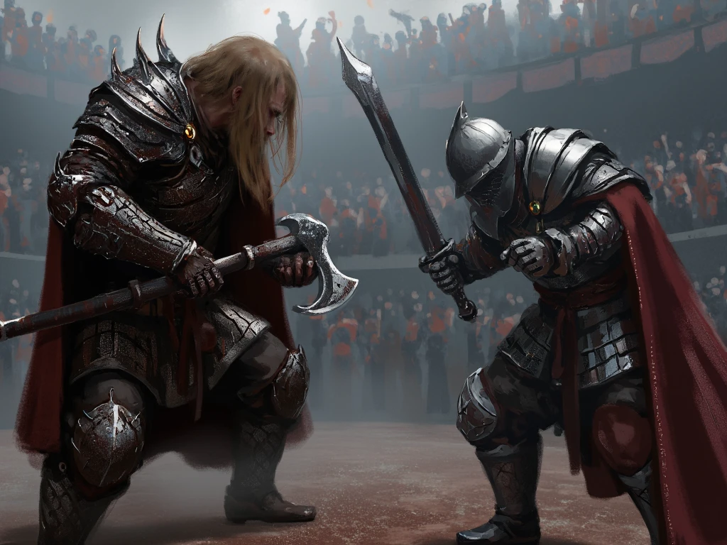 WLOP style painting. The scene shows two men fighting in an arena. The left man wears norsk armor and has a battle axe in his hand. He has long brown hair and a long woven beard. The right man wears medieval knight armor and uses a long sword