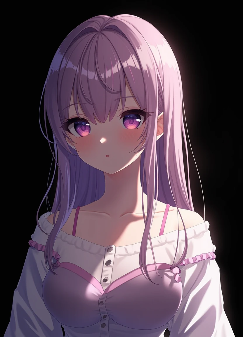 The image is pastel anime a girl with long hair, wearing an off-shoulder blouse. The image is captured with a low-key lighting setup, set against a black background. The image is rendered with ultra-detailed, high contrast, and in 8k resolution.